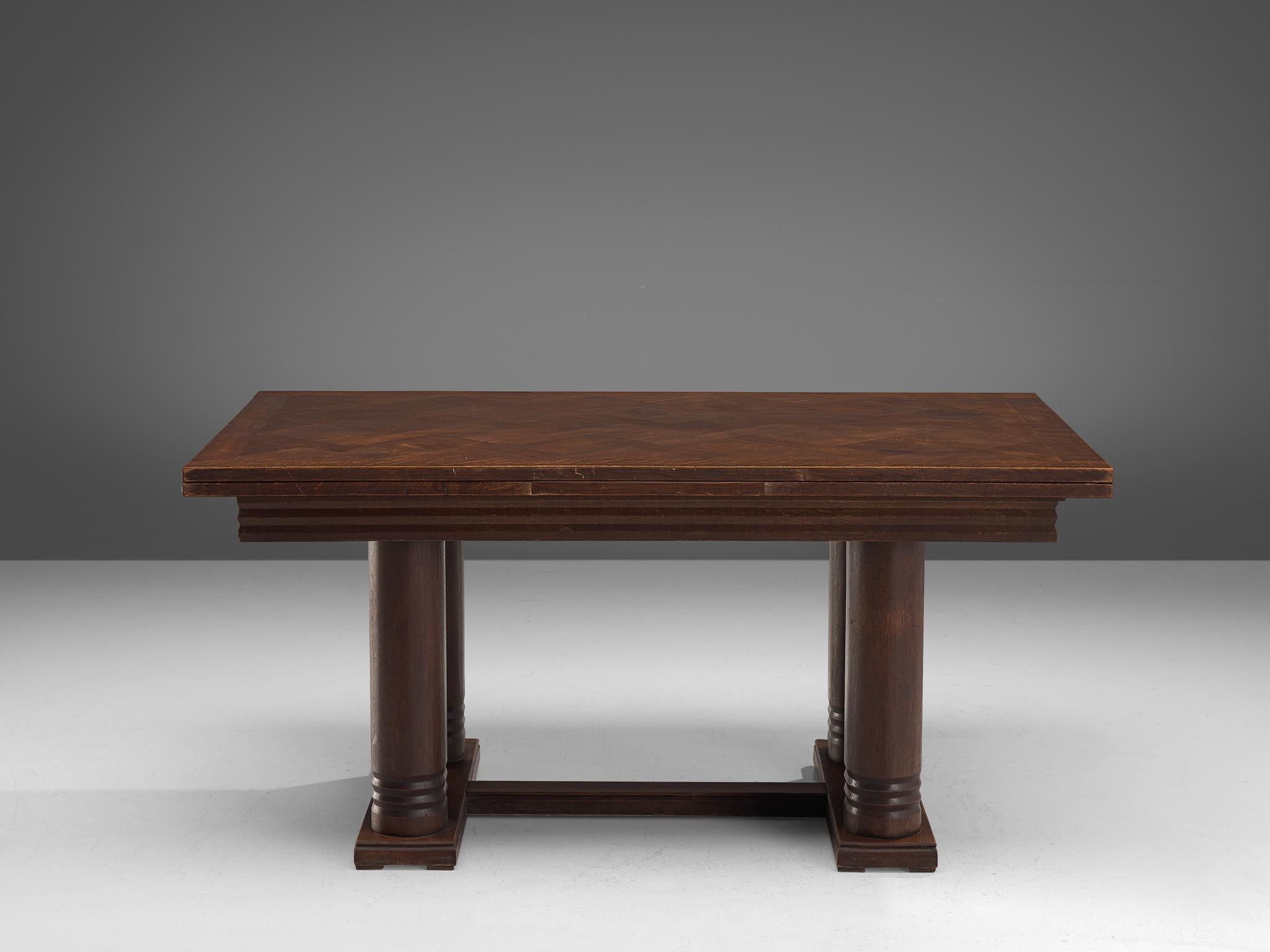 Charles Dudouyt Extendable Table in Dark Stained Oak In Good Condition In Waalwijk, NL