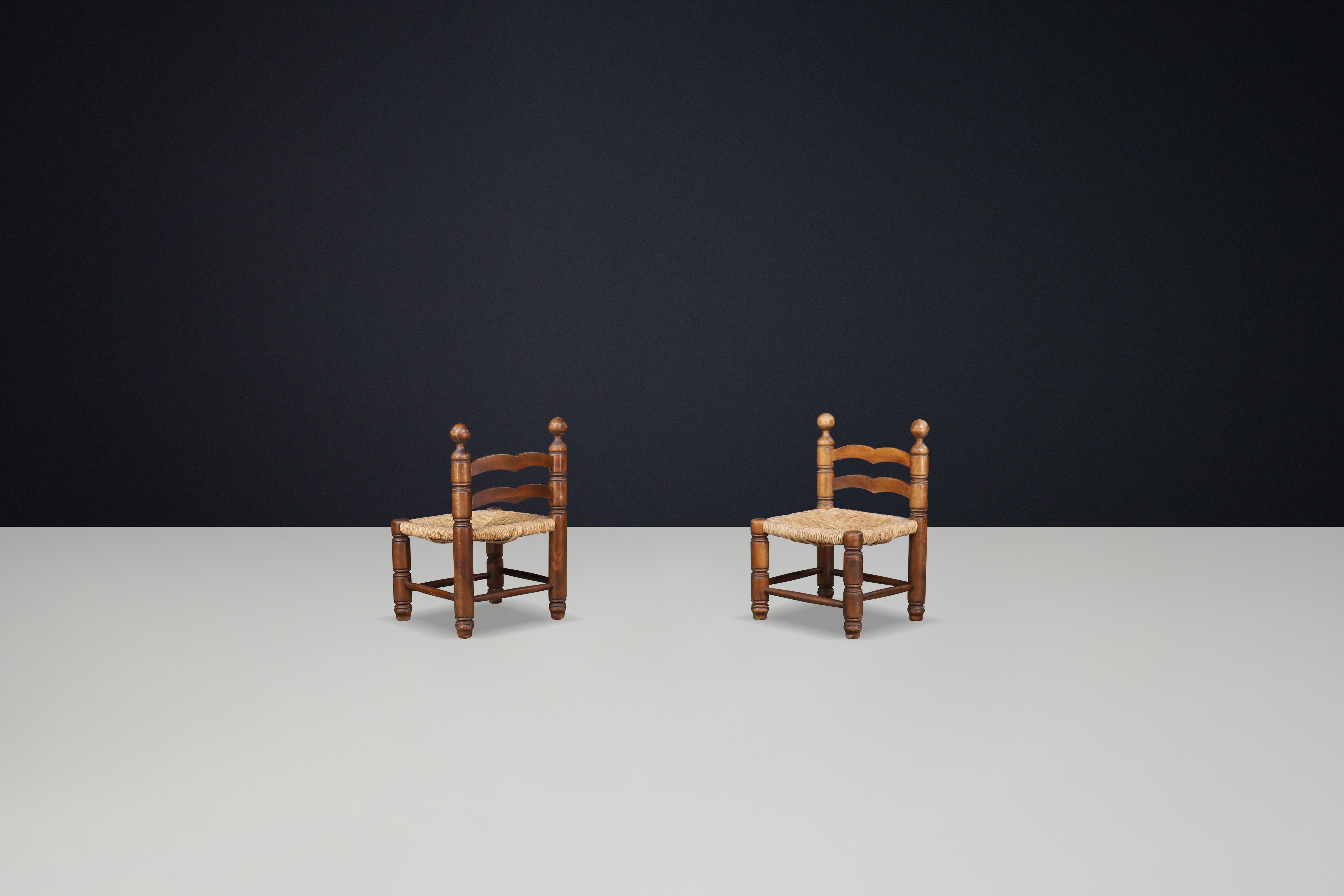 Charles Dudouyt fireplace chairs made from beech wood and Rush seats France 1940 For Sale 4