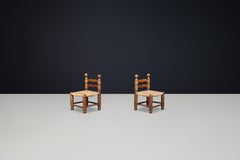 Charles Dudouyt fireplace chairs made from beech wood and Rush seats France 1940