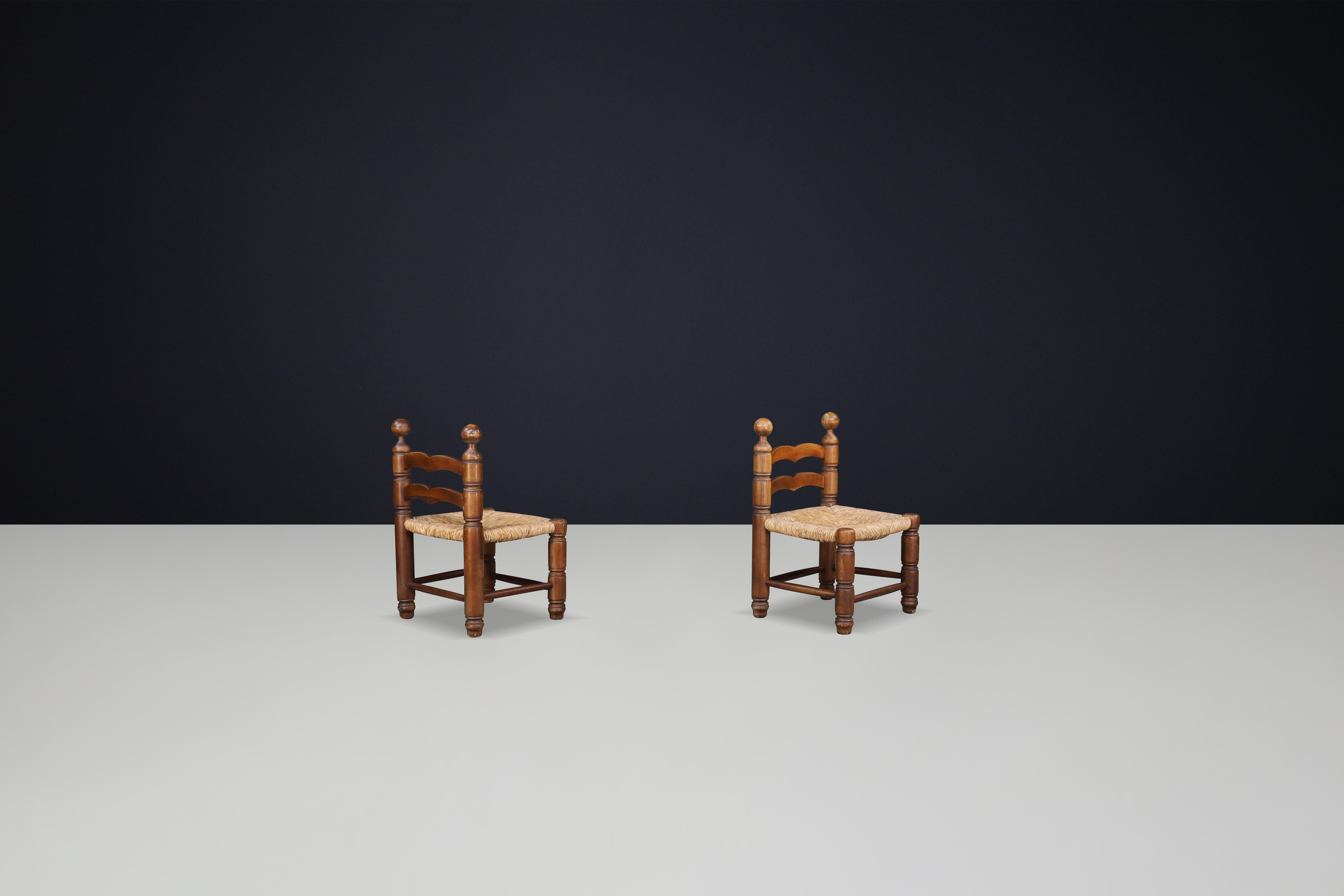 French Charles Dudouyt fireplace chairs made from beech wood and Rush seats France 1940 For Sale