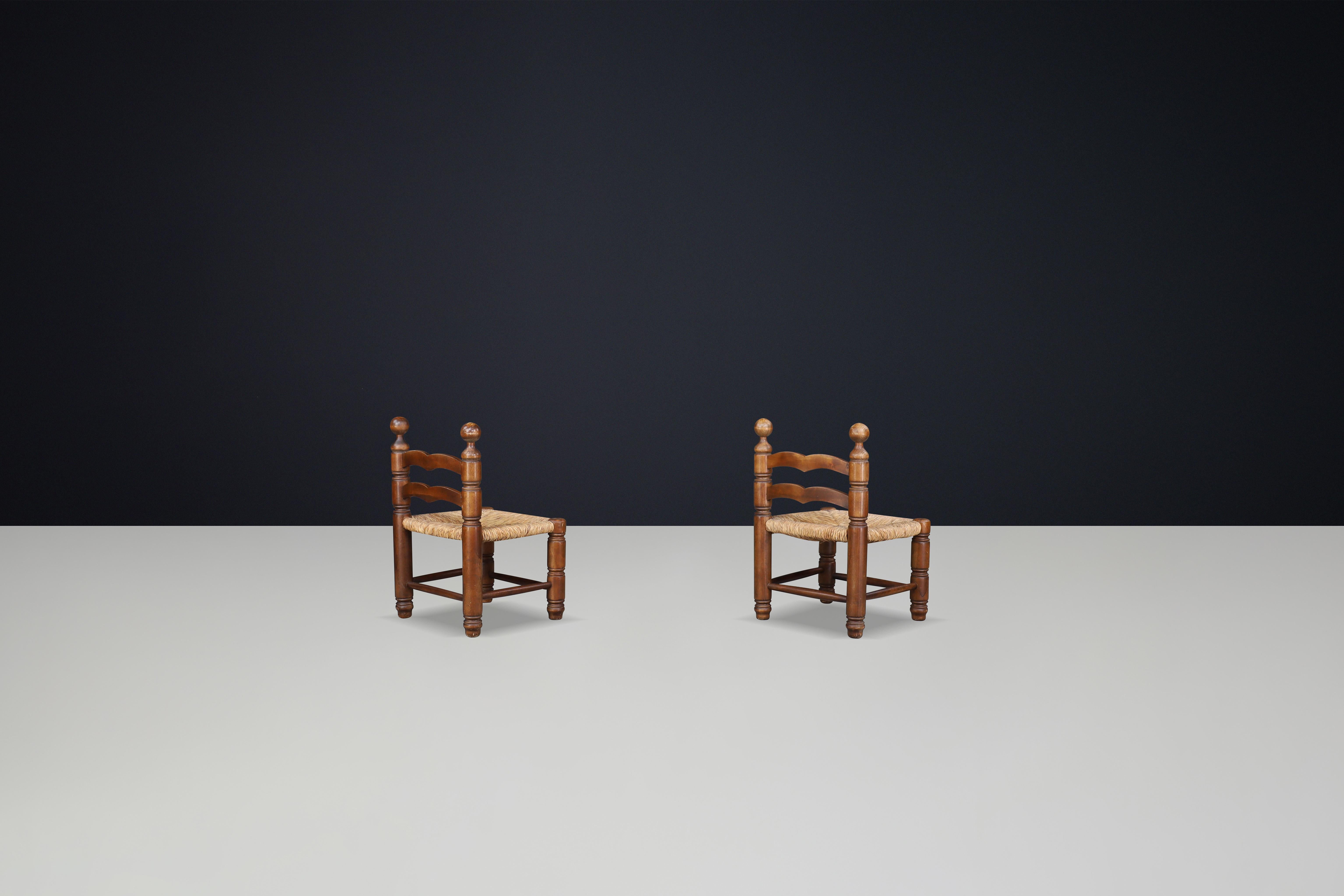 20th Century Charles Dudouyt fireplace chairs made from beech wood and Rush seats France 1940 For Sale
