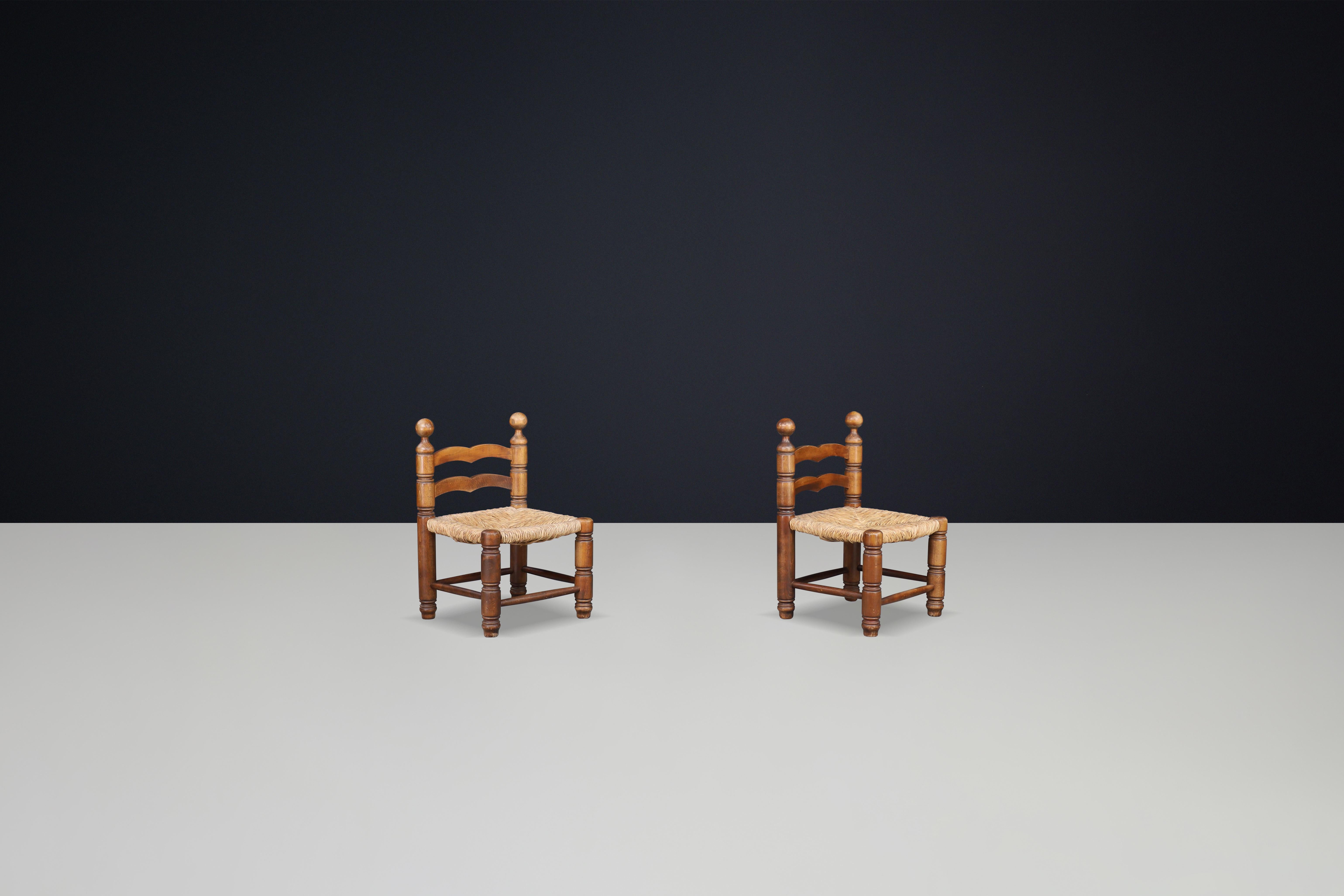 Charles Dudouyt fireplace chairs made from beech wood and Rush seats France 1940 For Sale 1