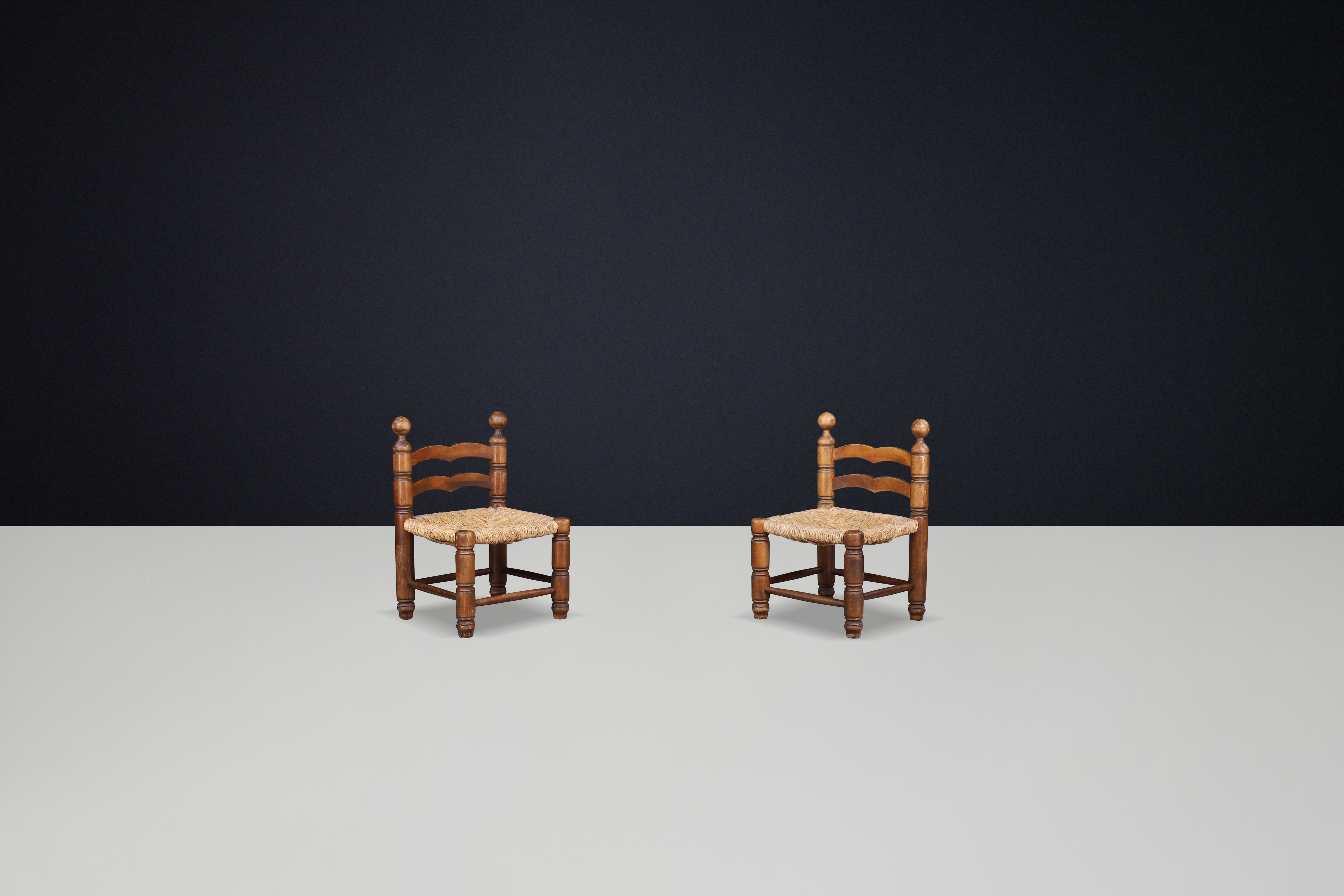 Charles Dudouyt fireplace chairs made from beech wood and Rush seats France 1940 For Sale 2