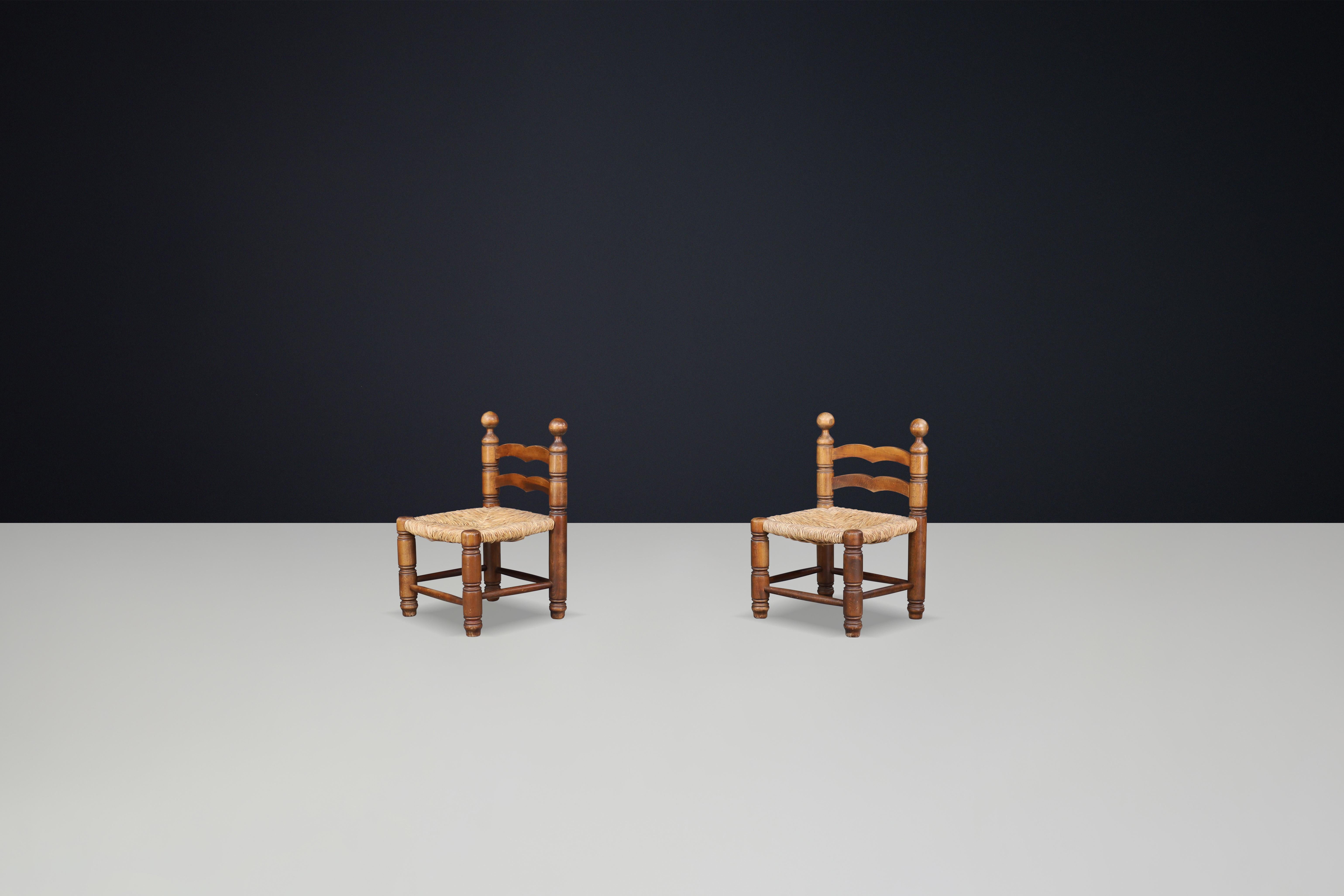 Charles Dudouyt fireplace chairs made from beech wood and Rush seats France 1940 For Sale 3