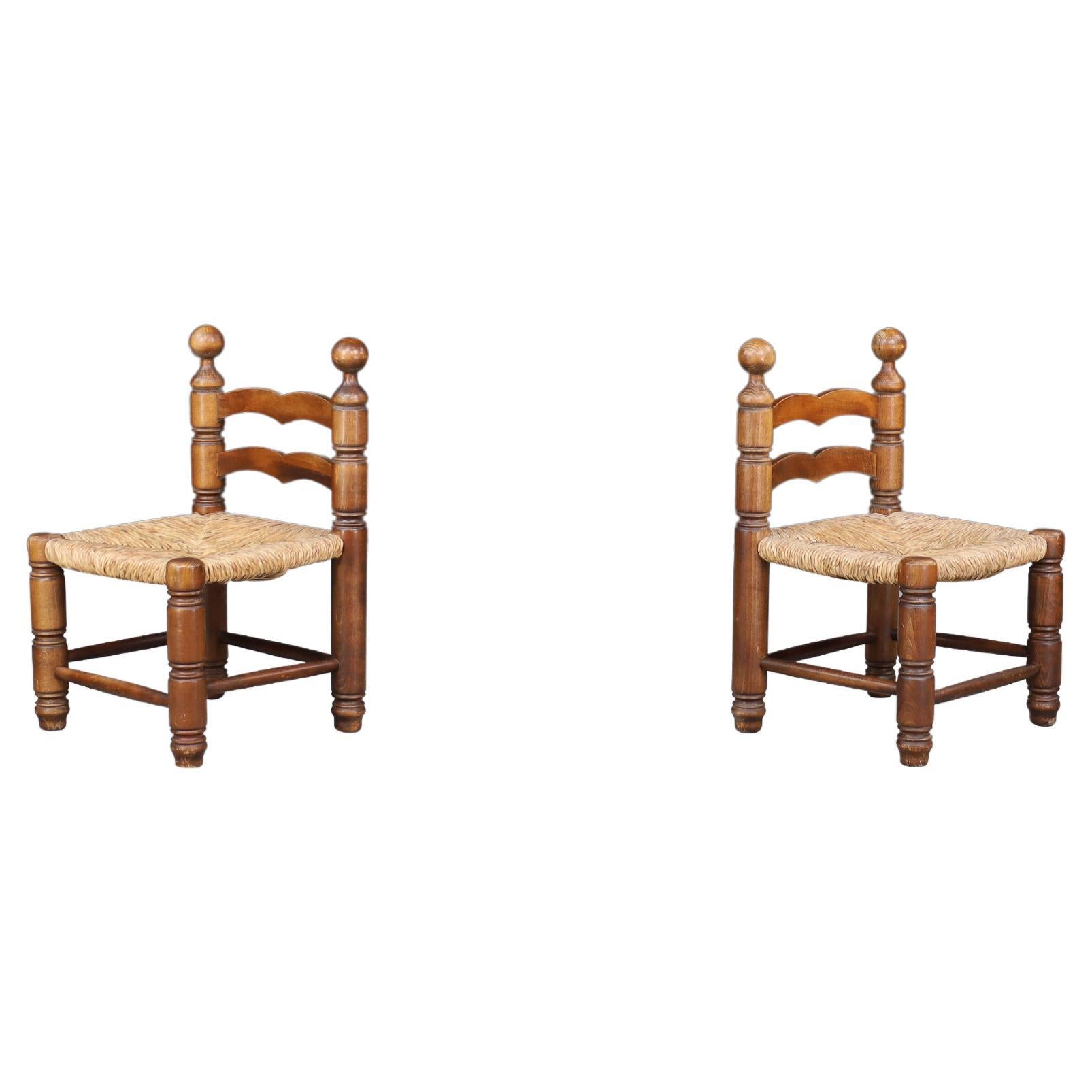 Charles Dudouyt fireplace chairs made from beech wood and Rush seats France 1940
