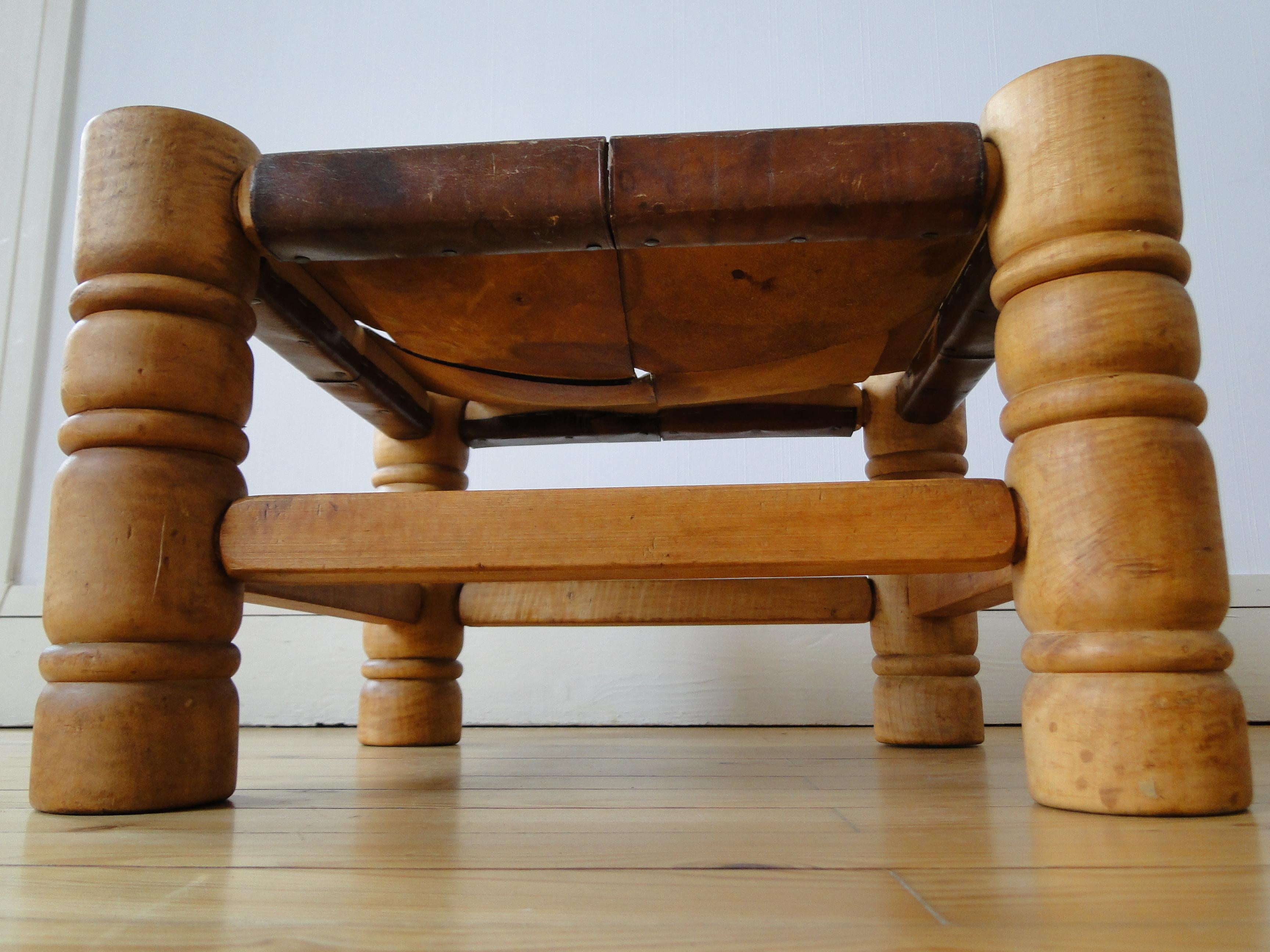 Charles Dudouyt France Stool Footstool Fireside Leather Oak  For Sale 4