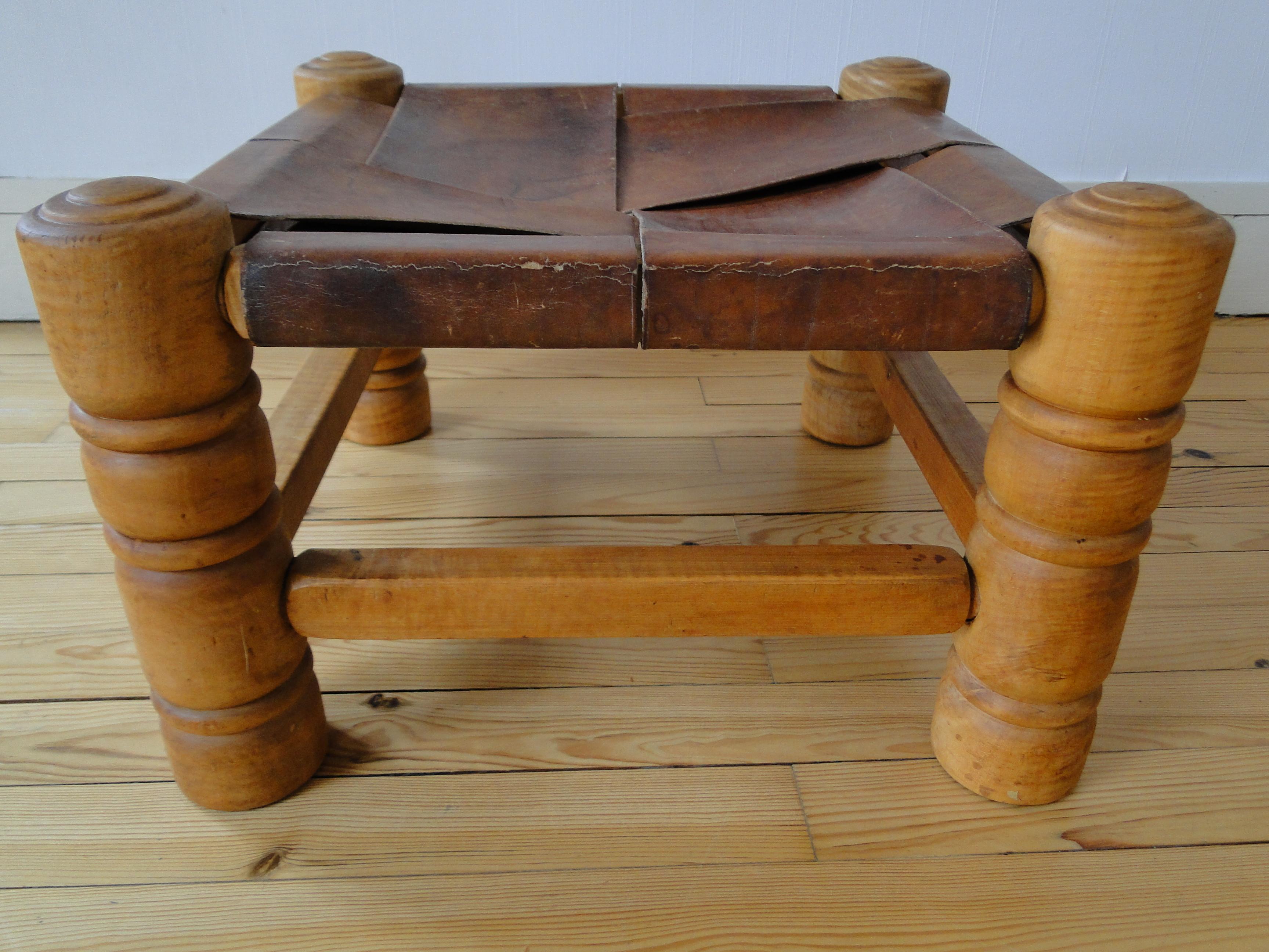 Charles Dudouyt France Stool Footstool Fireside Leather Oak  For Sale 5