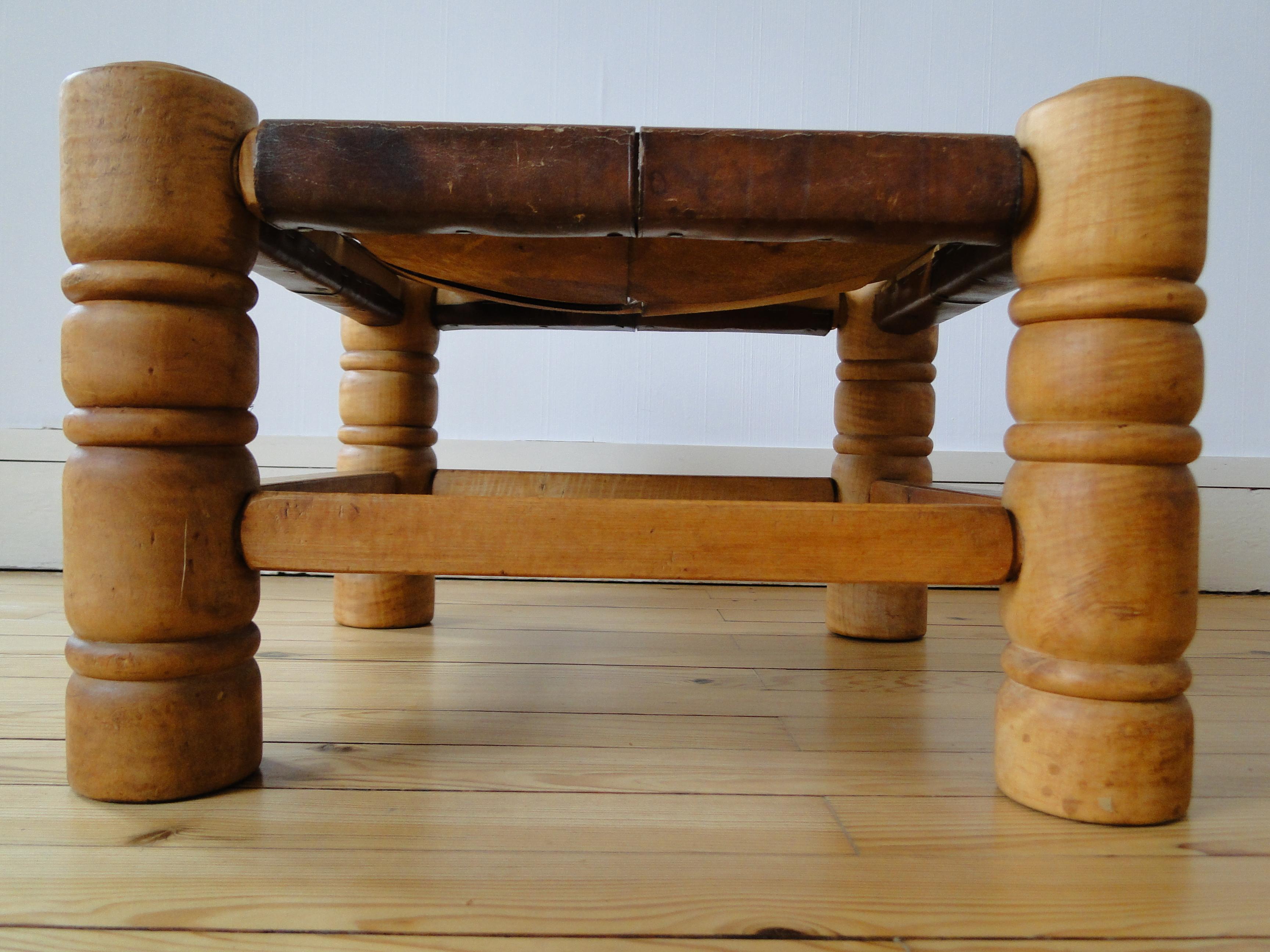 Charles Dudouyt France Stool Footstool Fireside Leather Oak  For Sale 6
