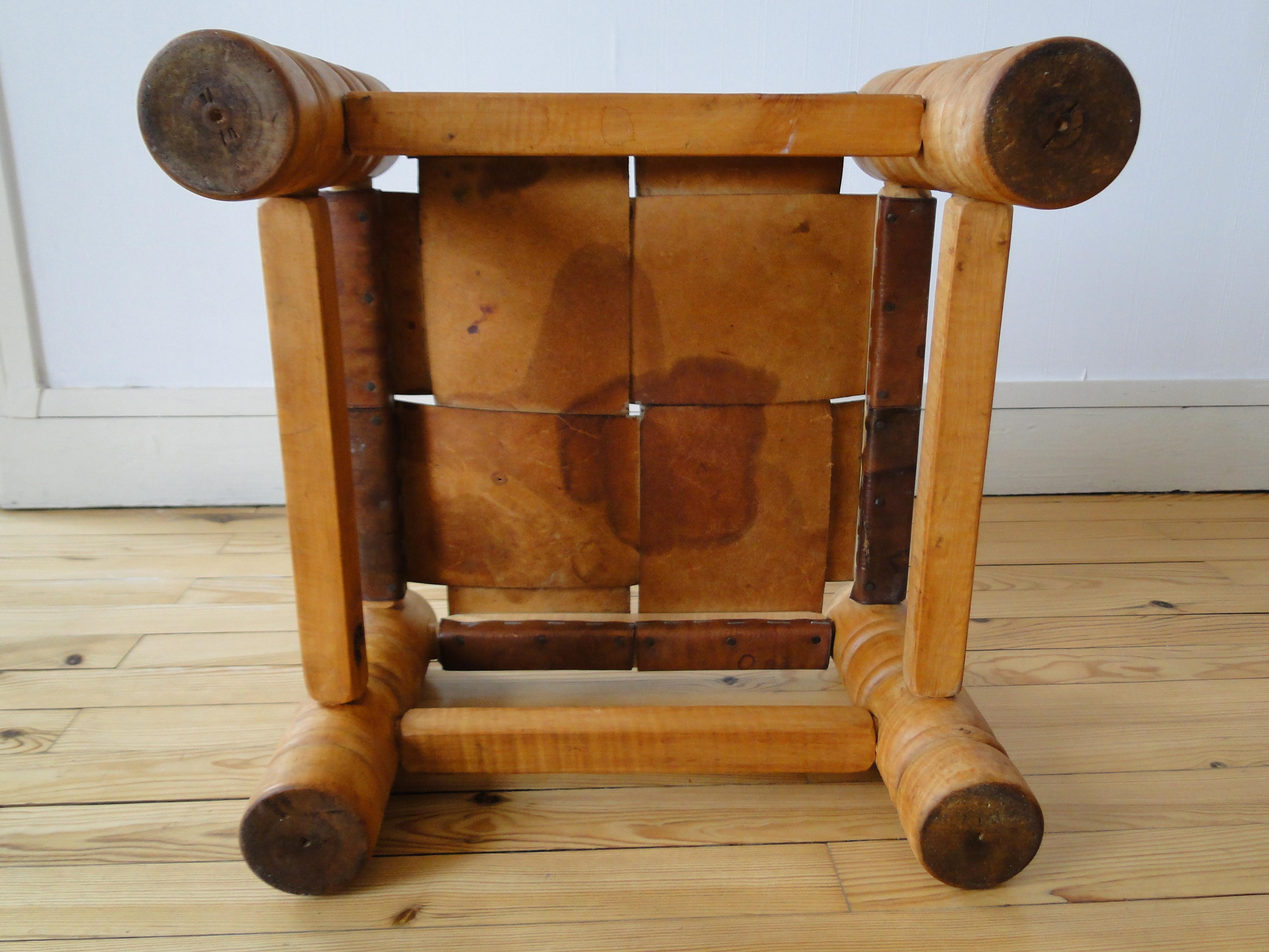 Charles Dudouyt France Stool Footstool Fireside Leather Oak  For Sale 7