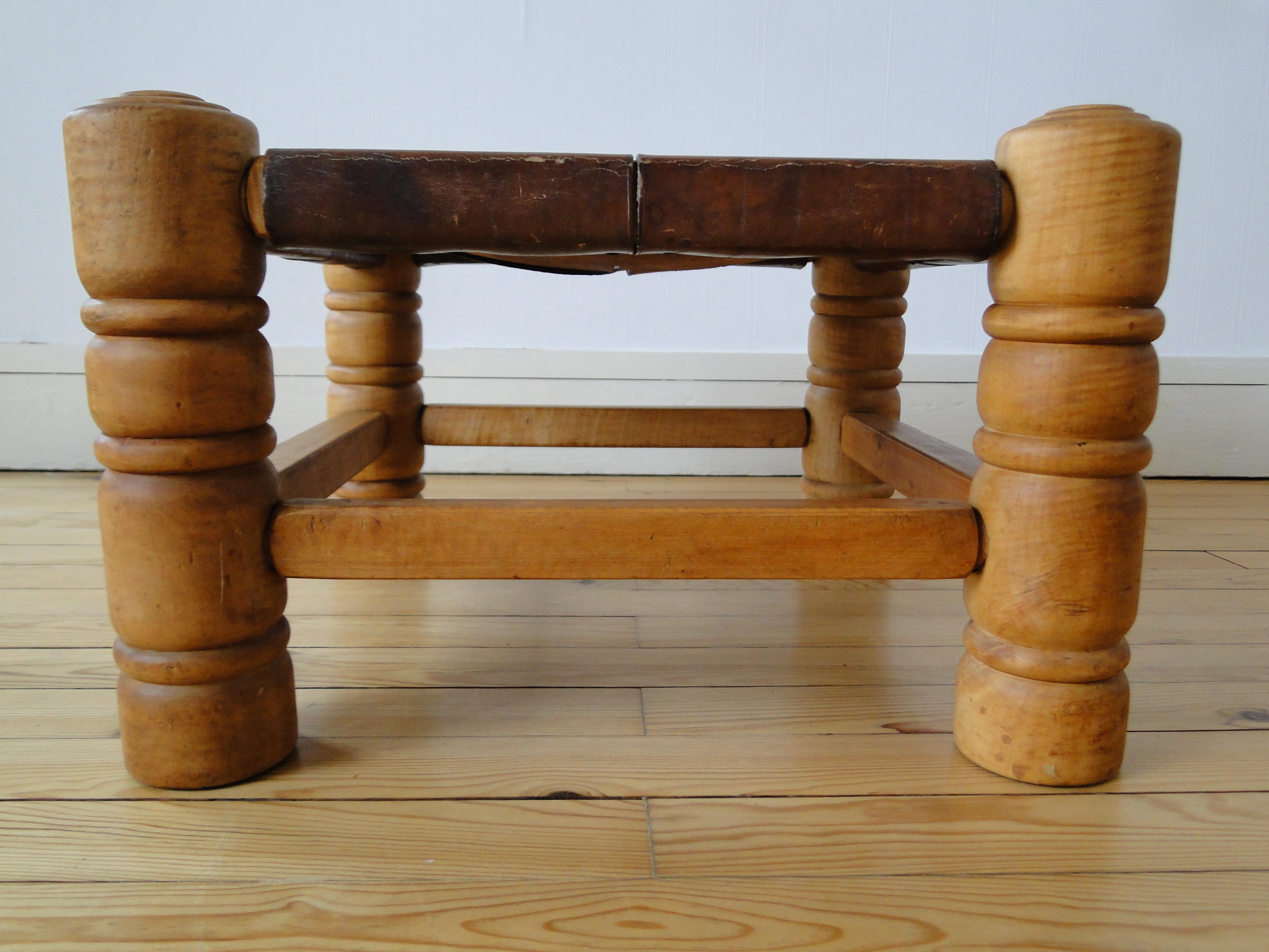 Charles Dudouyt France Stool Footstool Fireside Leather Oak  In Good Condition For Sale In Lège Cap Ferret, FR