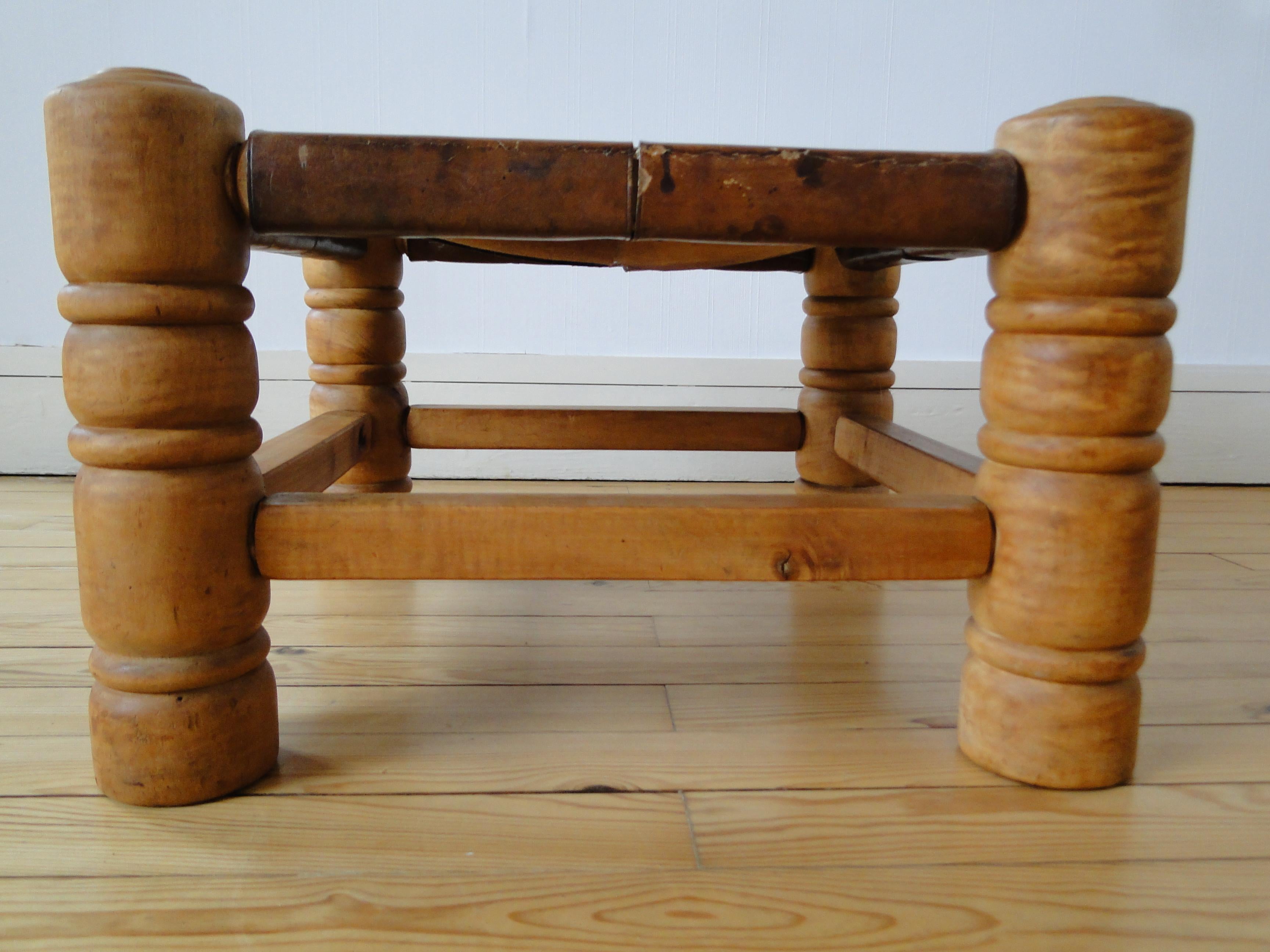 Mid-20th Century Charles Dudouyt France Stool Footstool Fireside Leather Oak  For Sale