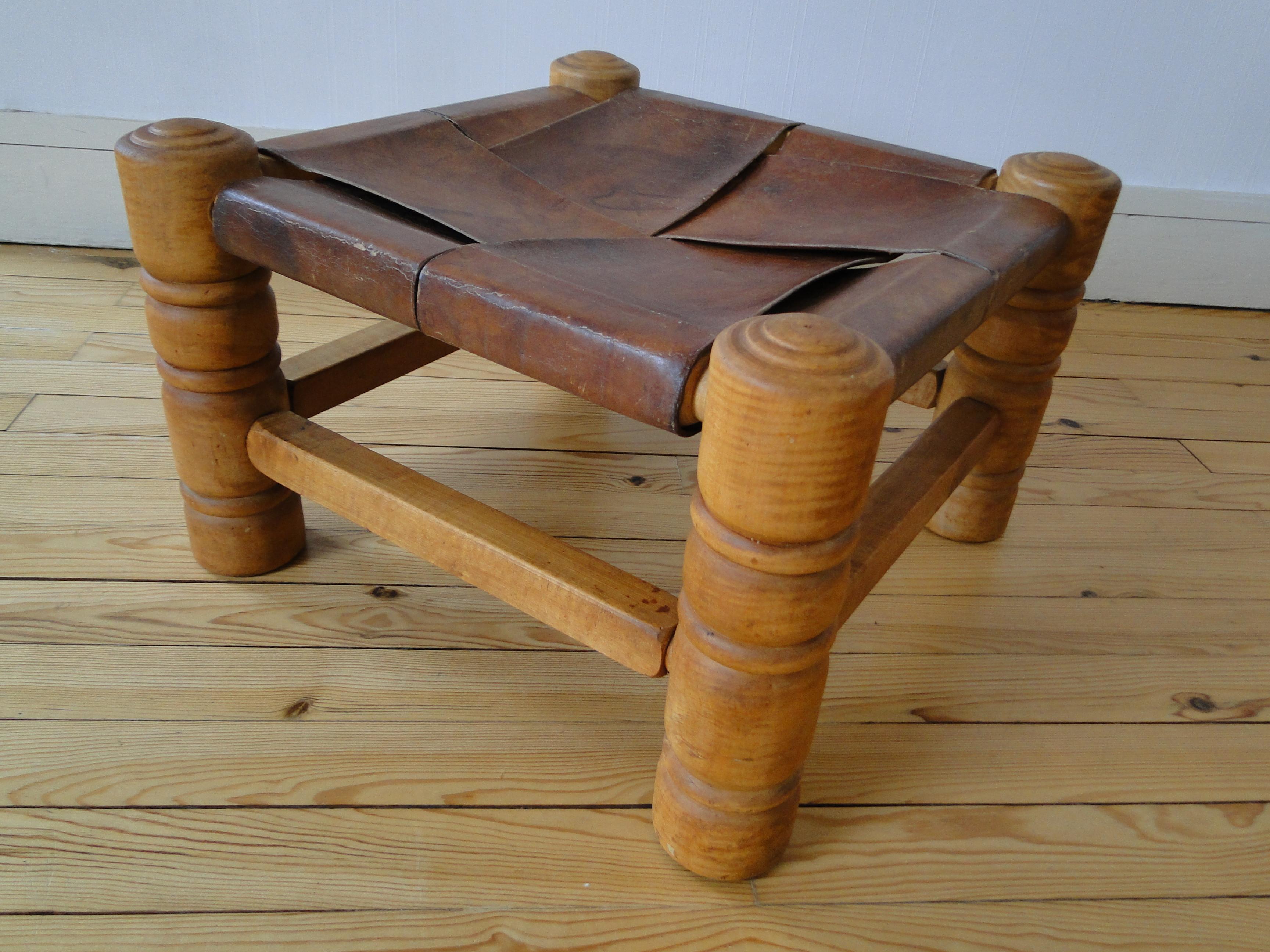 Charles Dudouyt France Stool Footstool Fireside Leather Oak  For Sale 2