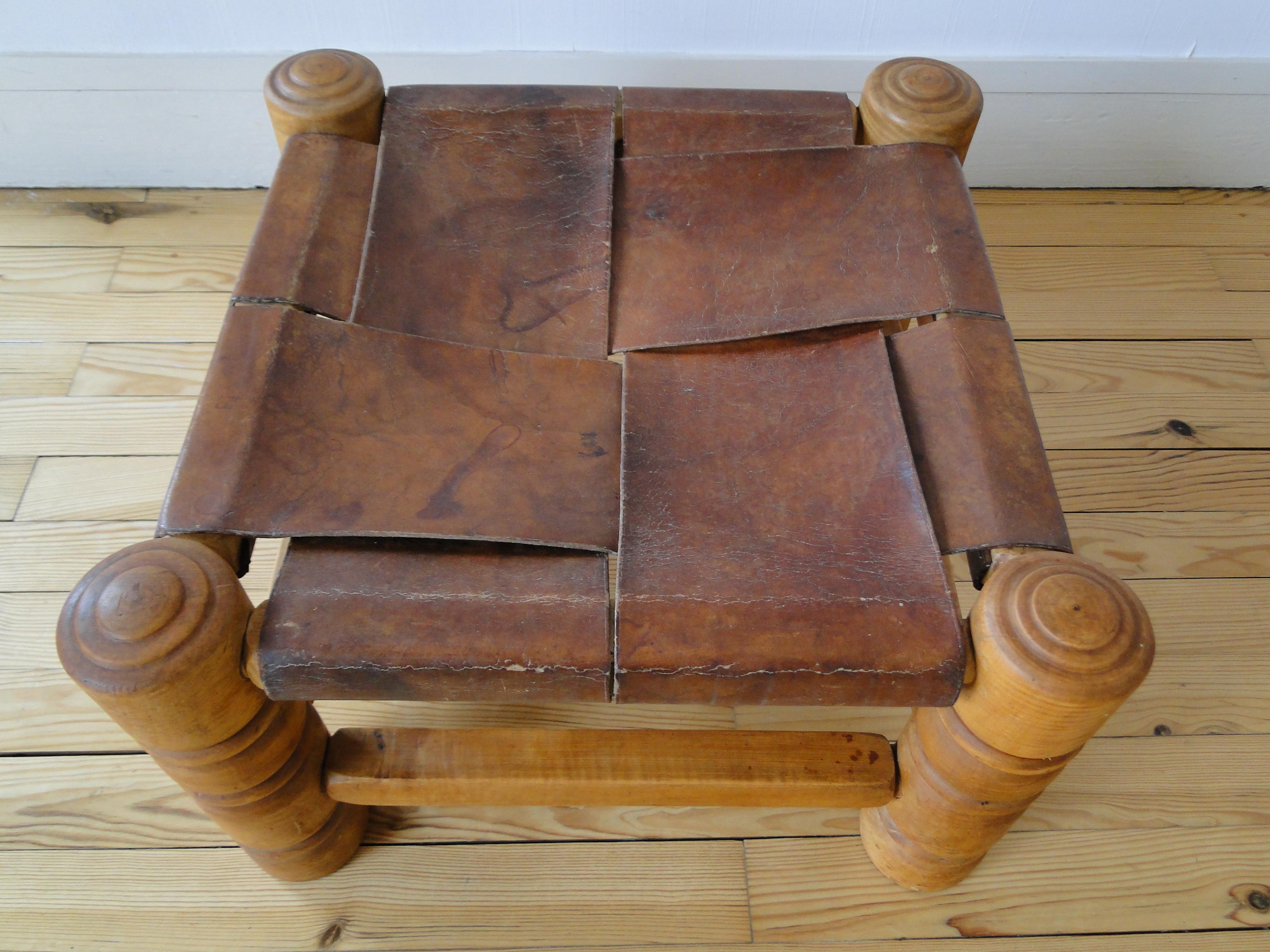 Charles Dudouyt France Stool Footstool Fireside Leather Oak  For Sale 3