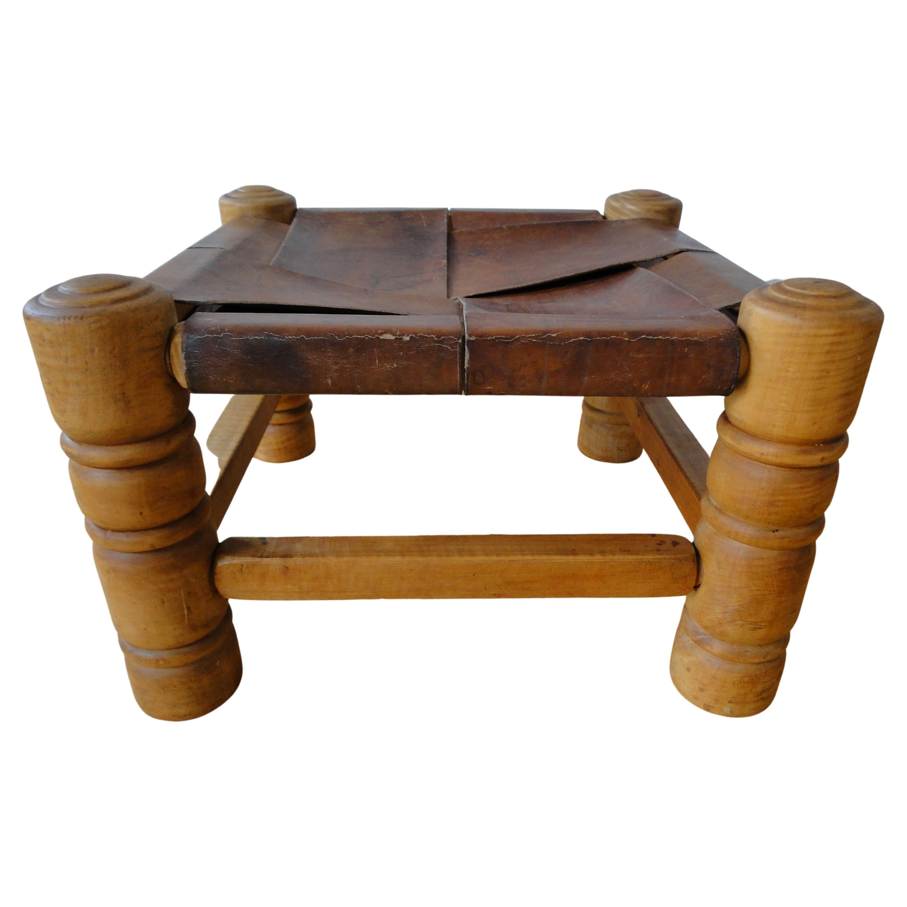 Charles Dudouyt France Stool Footstool Fireside Leather Oak  For Sale
