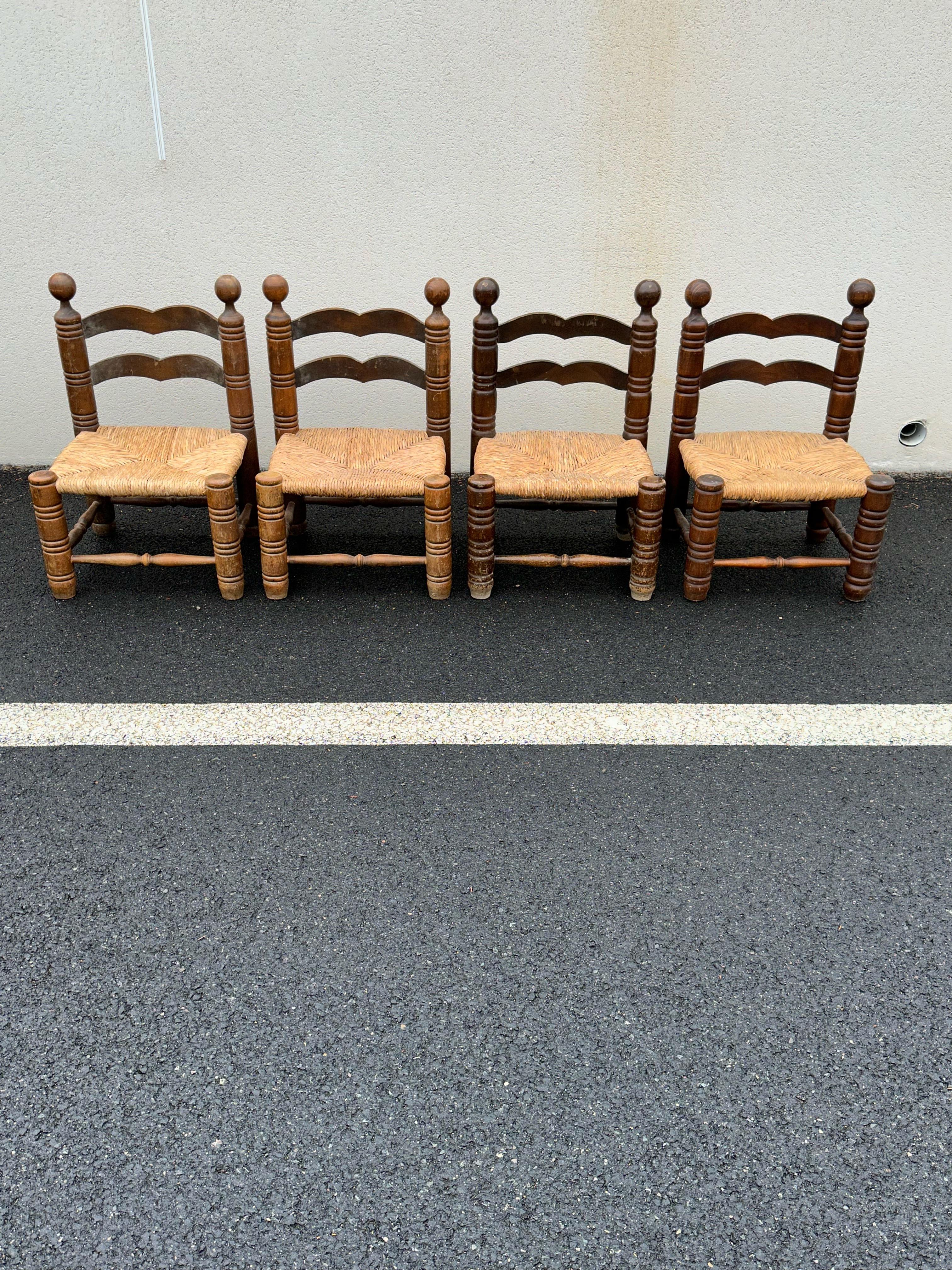French Provincial Charles Dudouyt, French decorator, set of 4 low chairs, 1940s For Sale