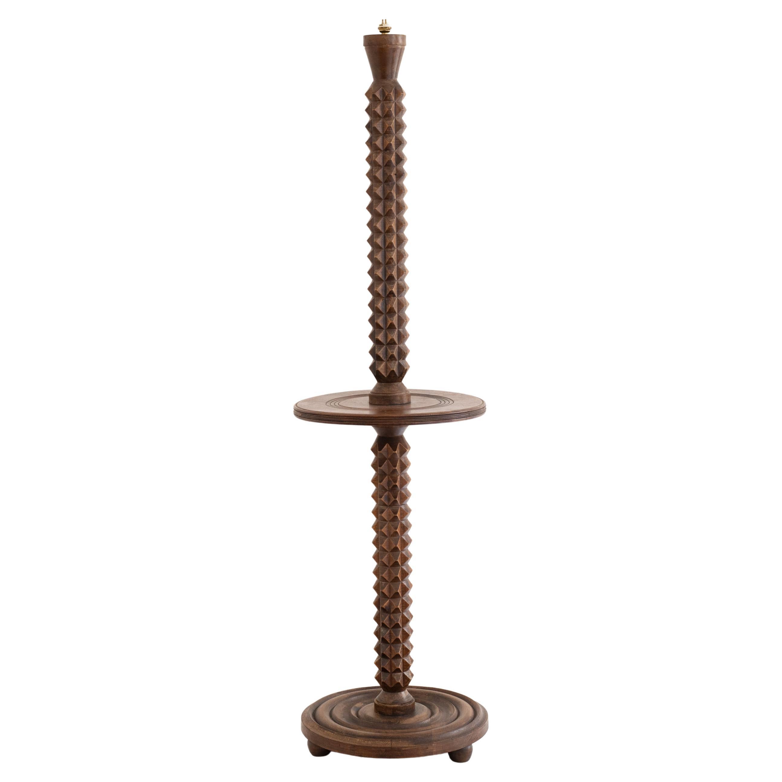 Charles Dudouyt, Vintage French Floor Lamp in Carved Walnut, Art Déco, 1940s For Sale
