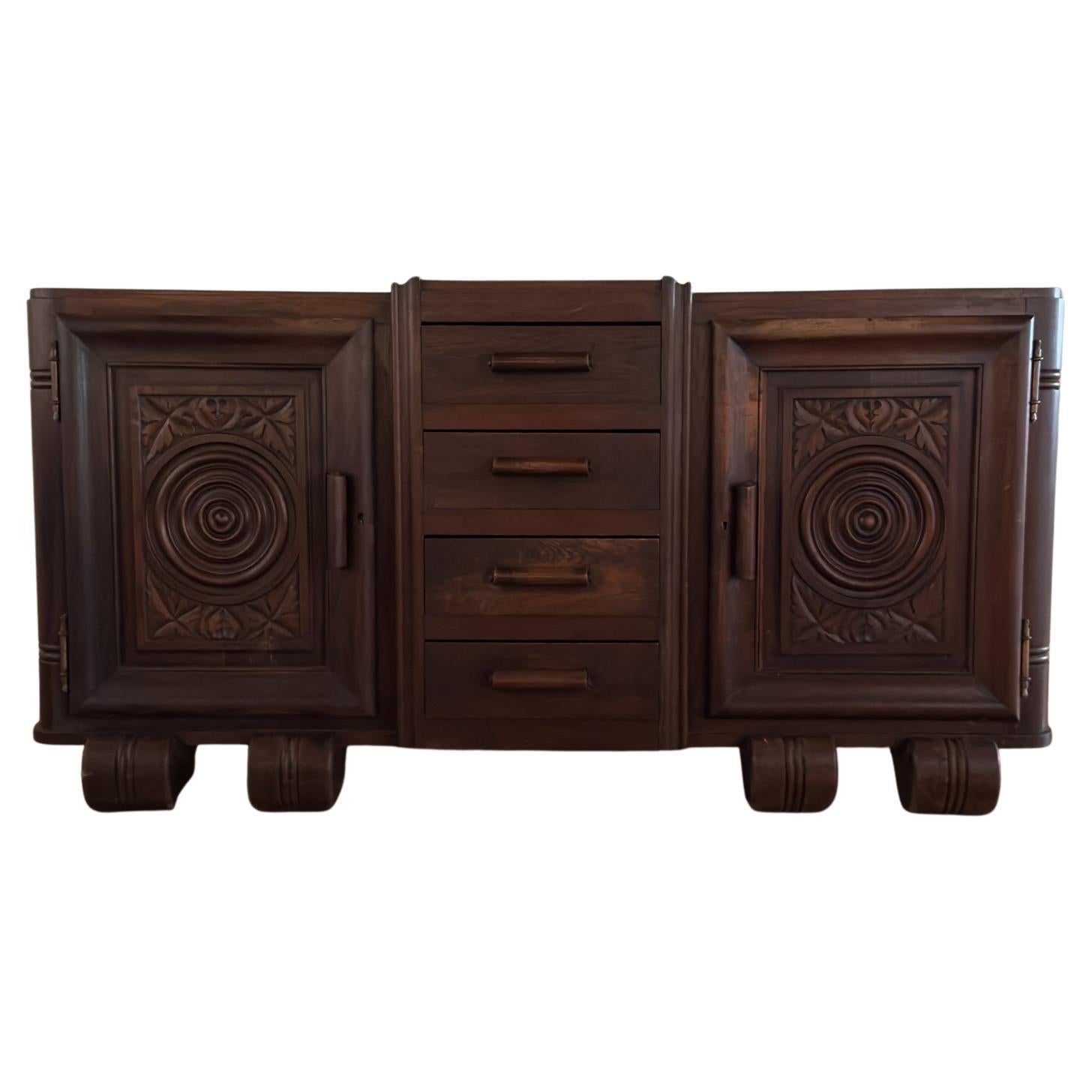 Charles Dudouyt Hand Carved Oak Sideboard with Drawers, France, 1940s
