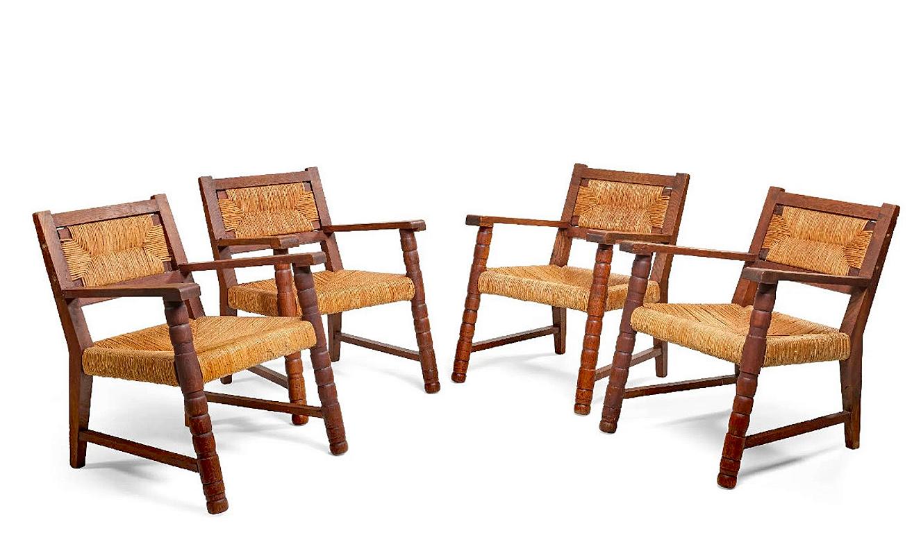 Mid-Century Modern Charles Dudouyt (dans le style) 4 fauteuils en Oak avec corde circa 1940/1950. en vente