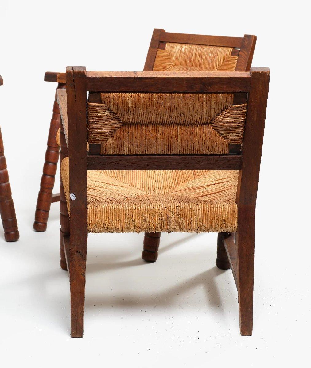 Français Charles Dudouyt (dans le style) 4 fauteuils en Oak avec corde circa 1940/1950. en vente