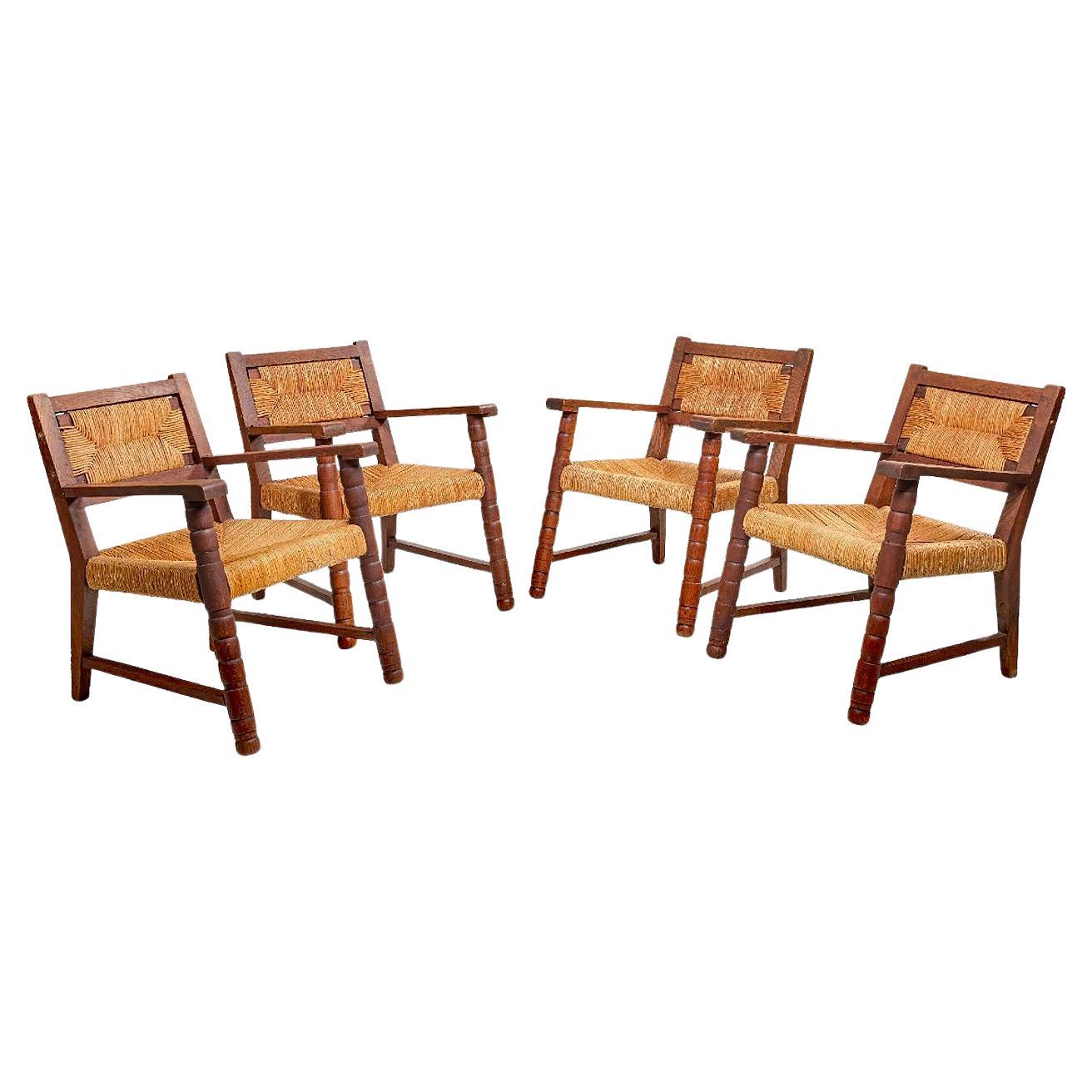 Charles Dudouyt (dans le style) 4 fauteuils en Oak avec corde circa 1940/1950. en vente