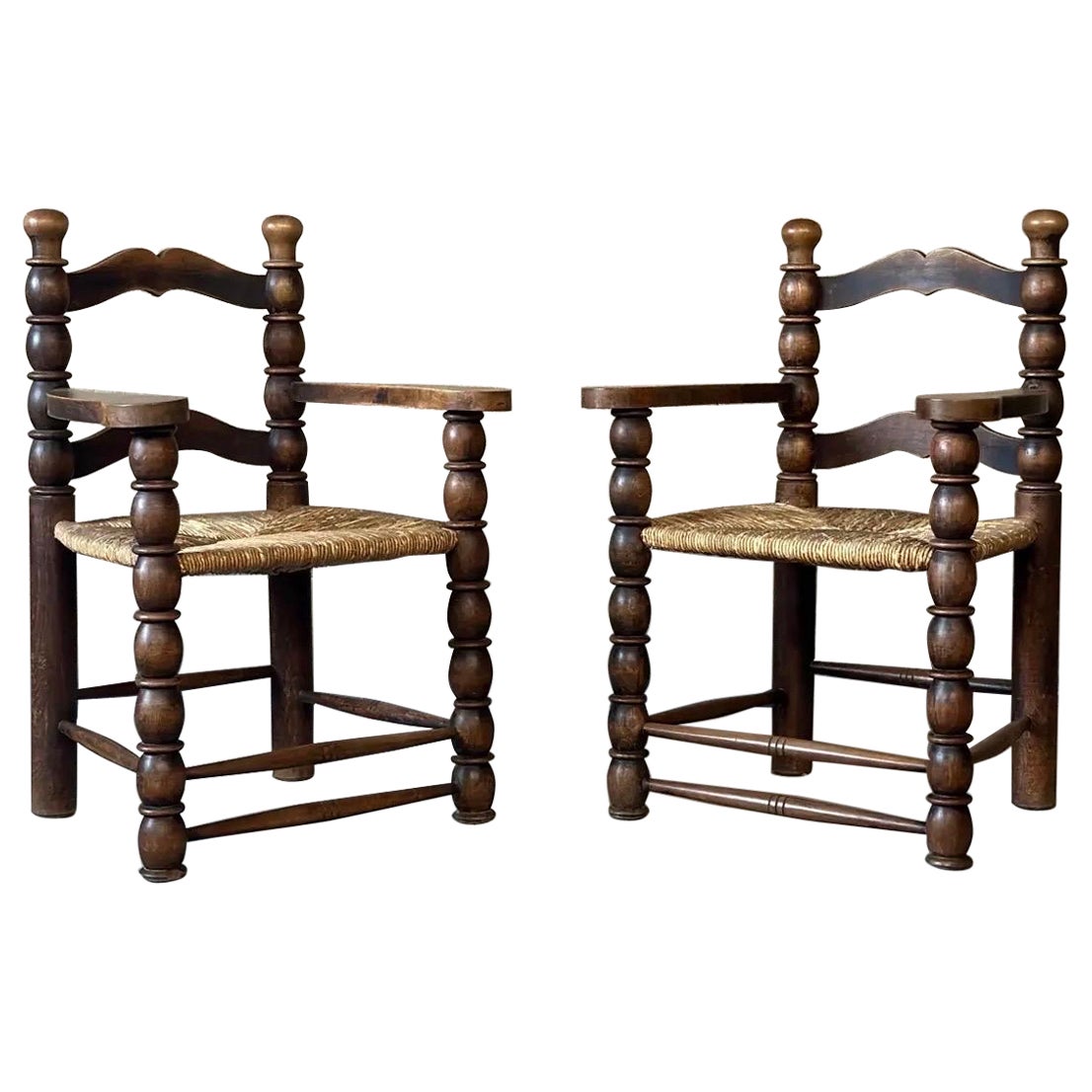 Charles Dudouyt Ladder Back Rush Seat Arm Chairs - a Pair