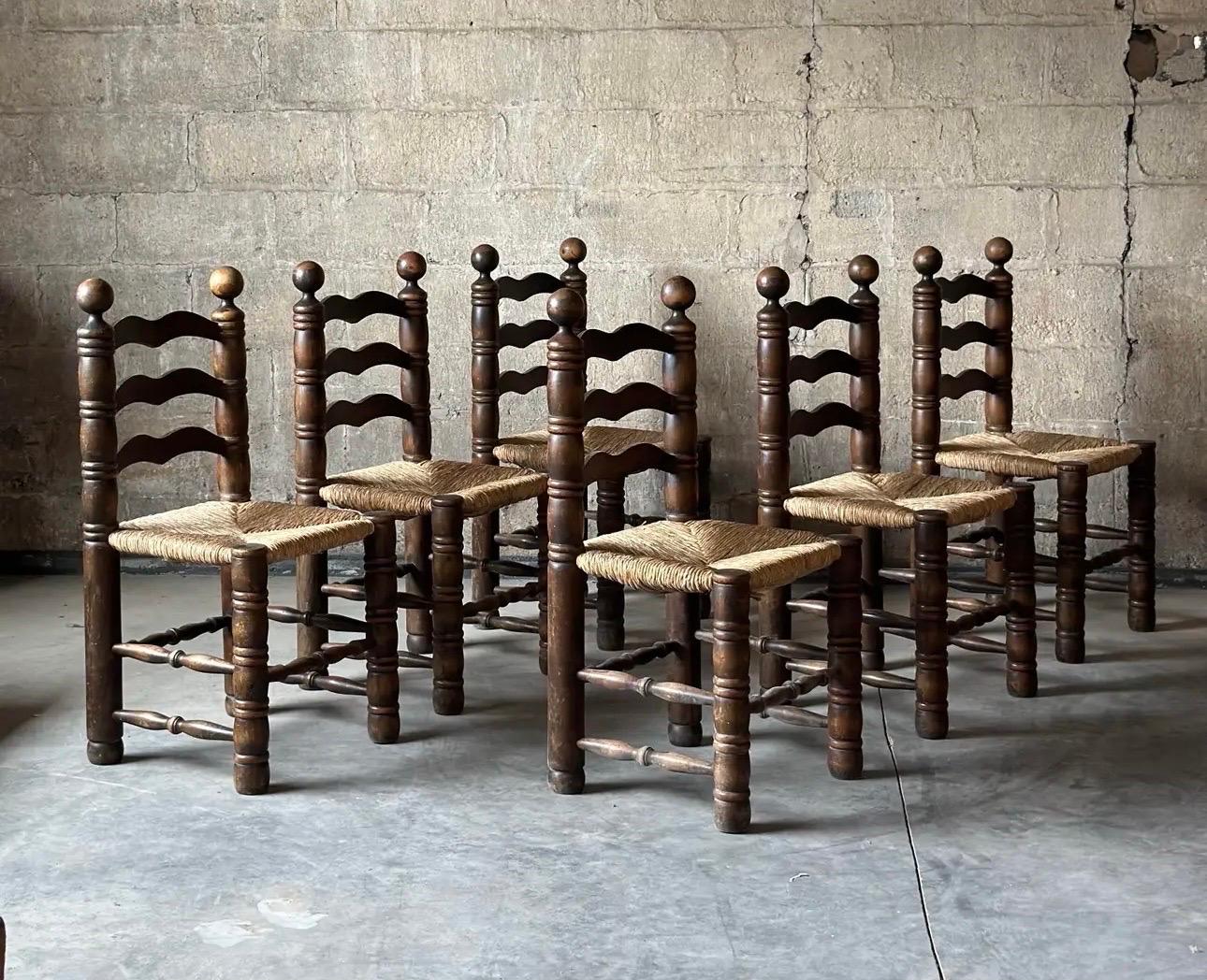 French Charles Dudouyt Ladder Back Rush Seat Dining Chairs