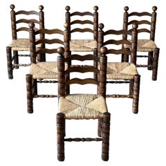 Charles Dudouyt Ladder Back Rush Seat Dining Chairs