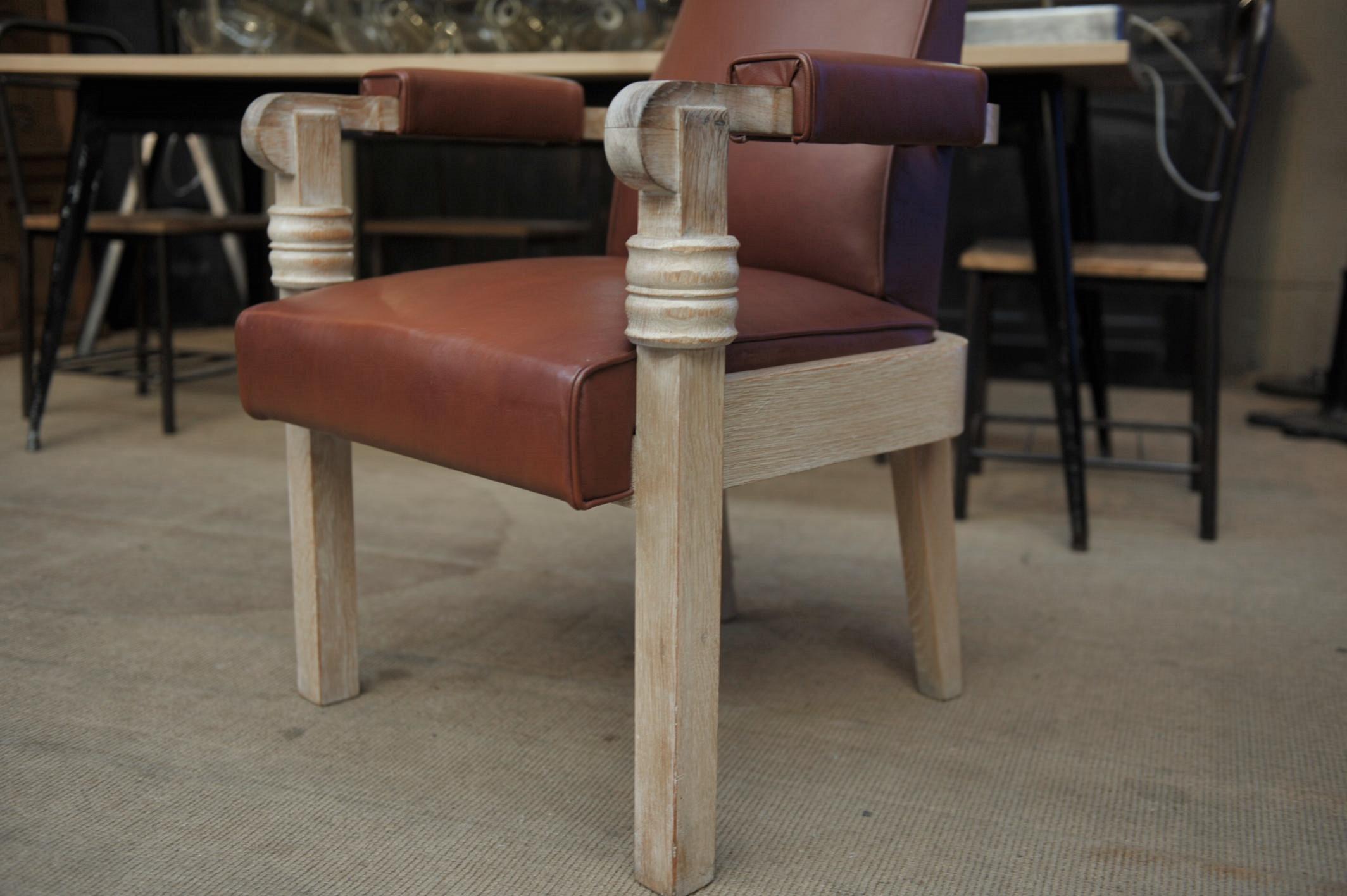 Charles Dudouyt Leather and Oak French Armchair, circa 1940 5