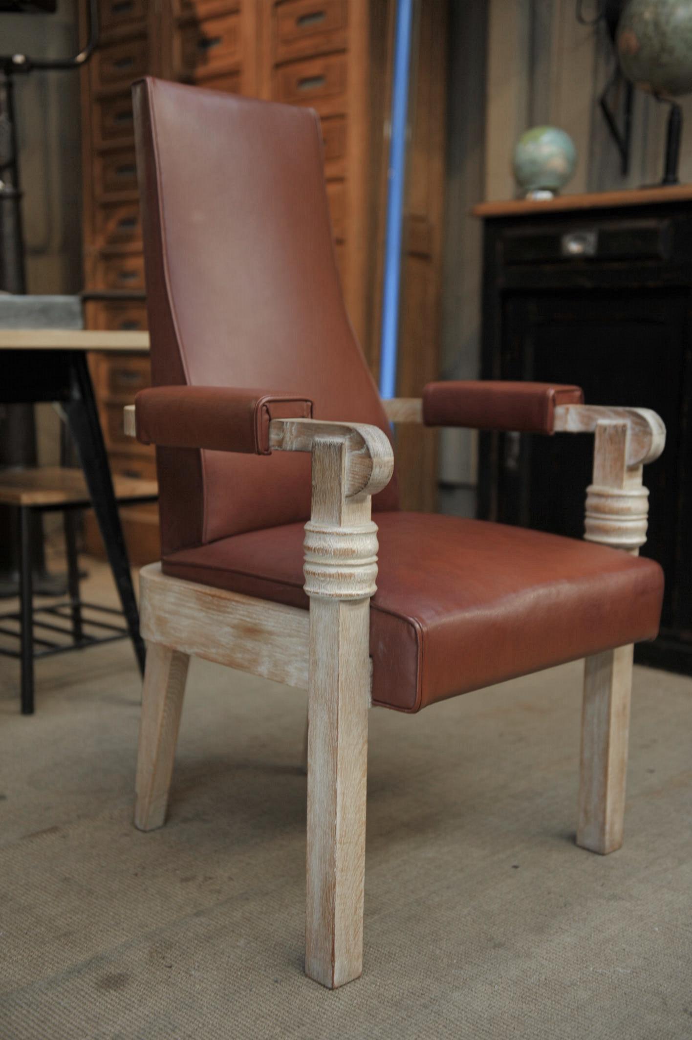 Charles Dudouyt Leather and Oak French Armchair, circa 1940 7