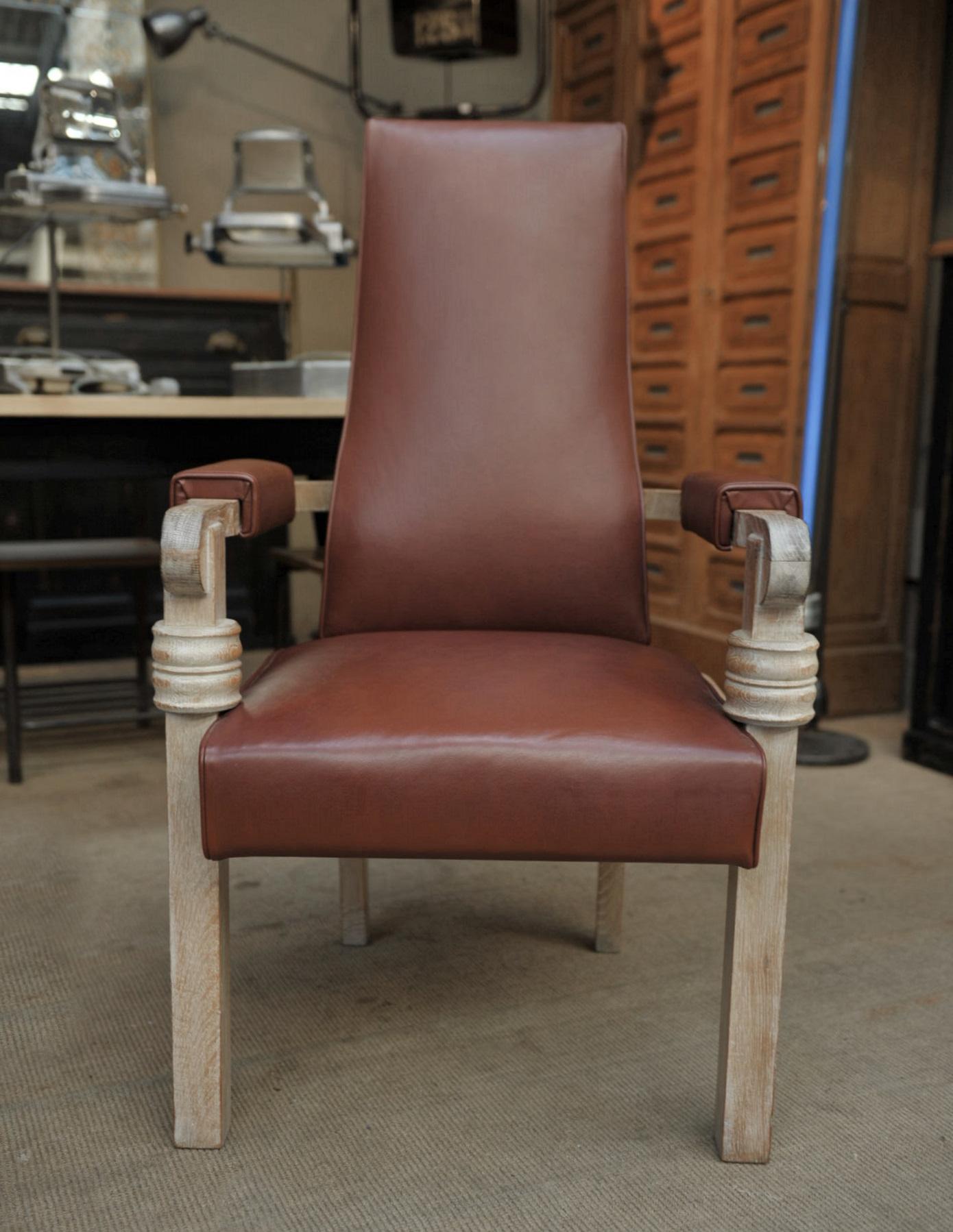 1940s French high back oak armchair by Charles Dudouyt.
Newly upholstered with very nice brown leather.
All in excellent condition.
