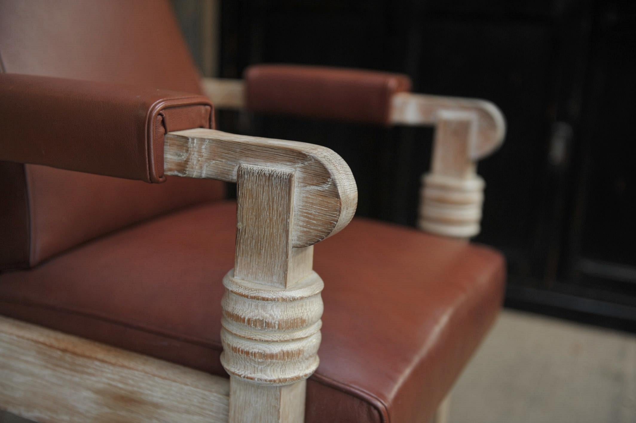 Charles Dudouyt Leather and Oak French Armchair, circa 1940 1