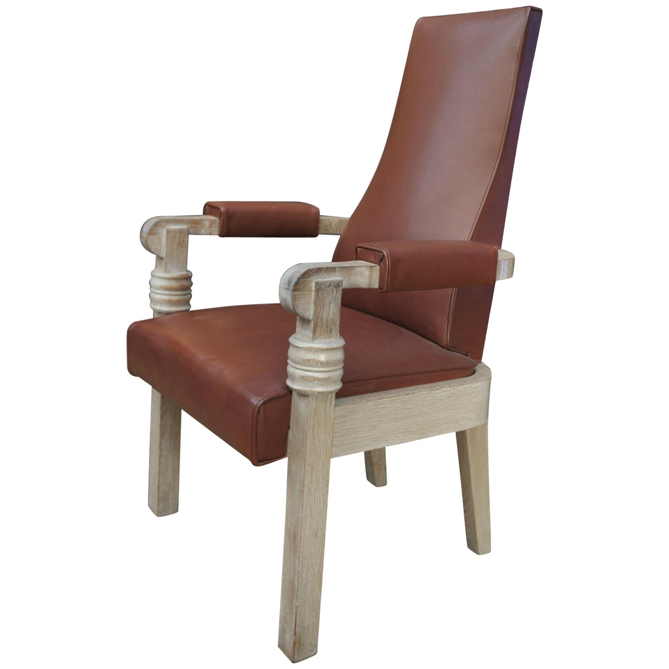 Charles Dudouyt Leather and Oak French Armchair, circa 1940