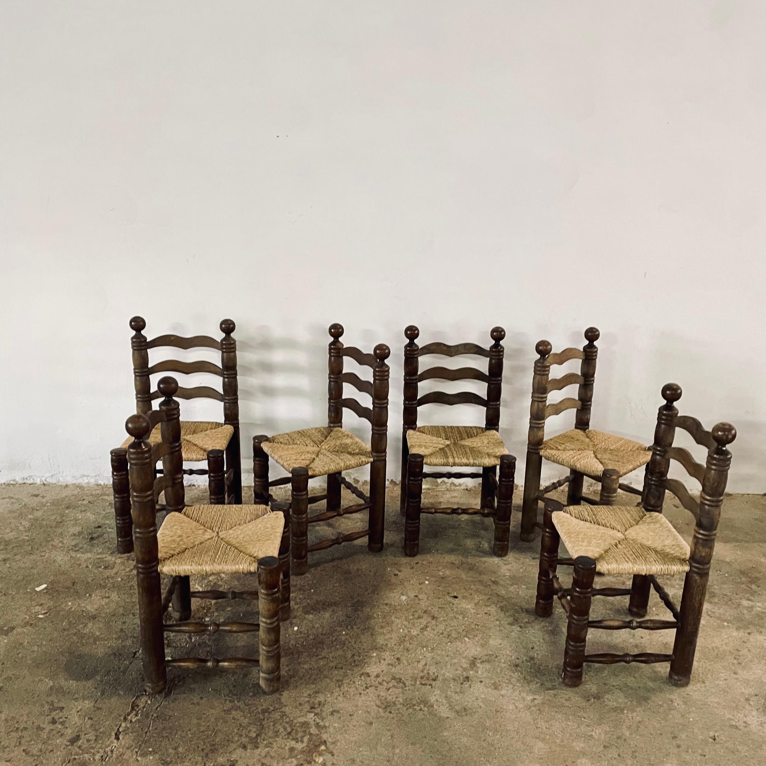 Charles Dudouyt Light Oak & Rush Seat Ladder-Back Chairs, France 1940s In Good Condition For Sale In PEGO, ES