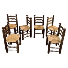 Retro Charles Dudouyt Light Oak & Rush Seat Ladder-Back Chairs, France 1940s