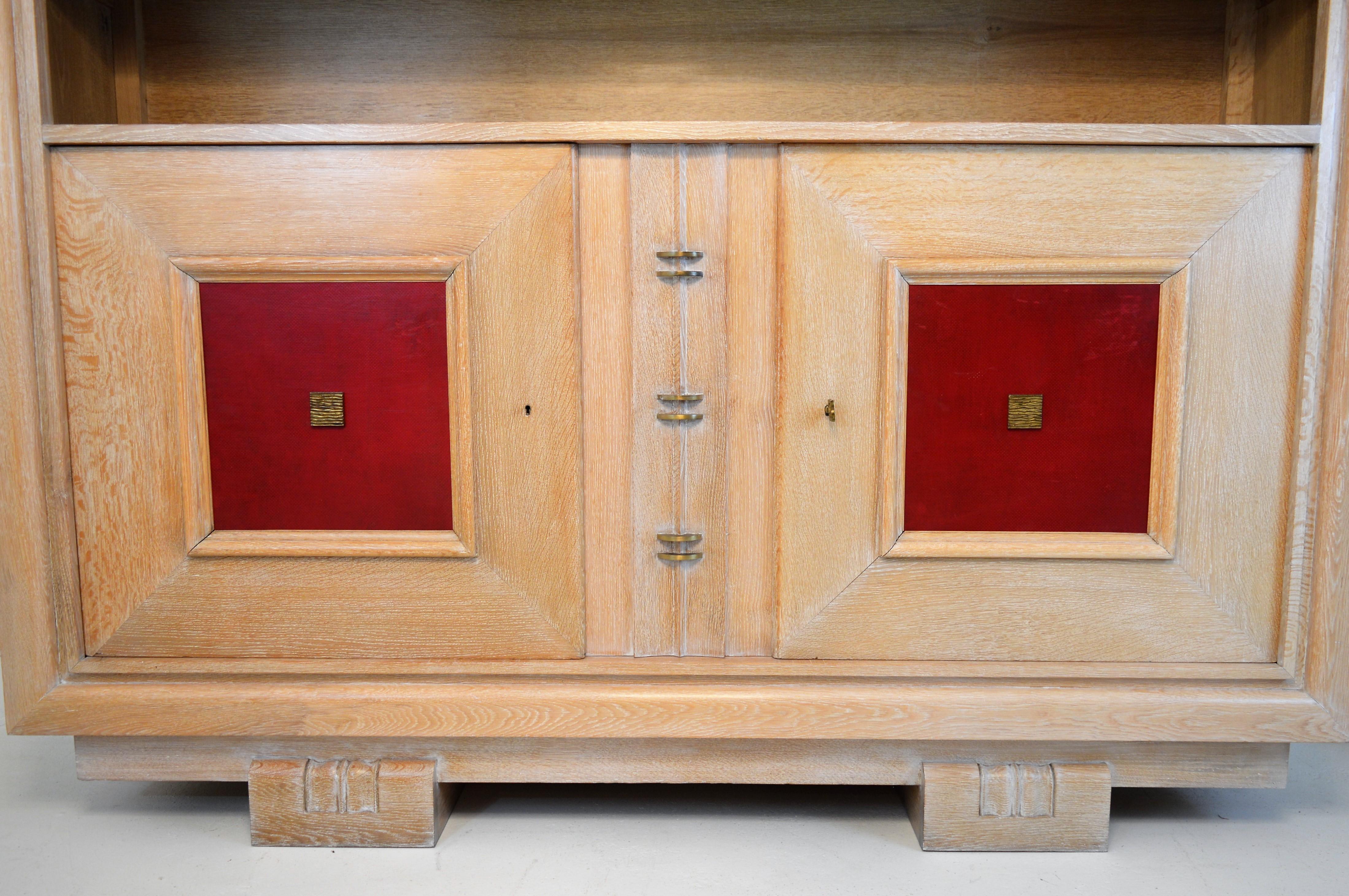Charles Dudouyt Masterpiece Oak Cabinet, with Doorpanels Covered in Red Leather 1