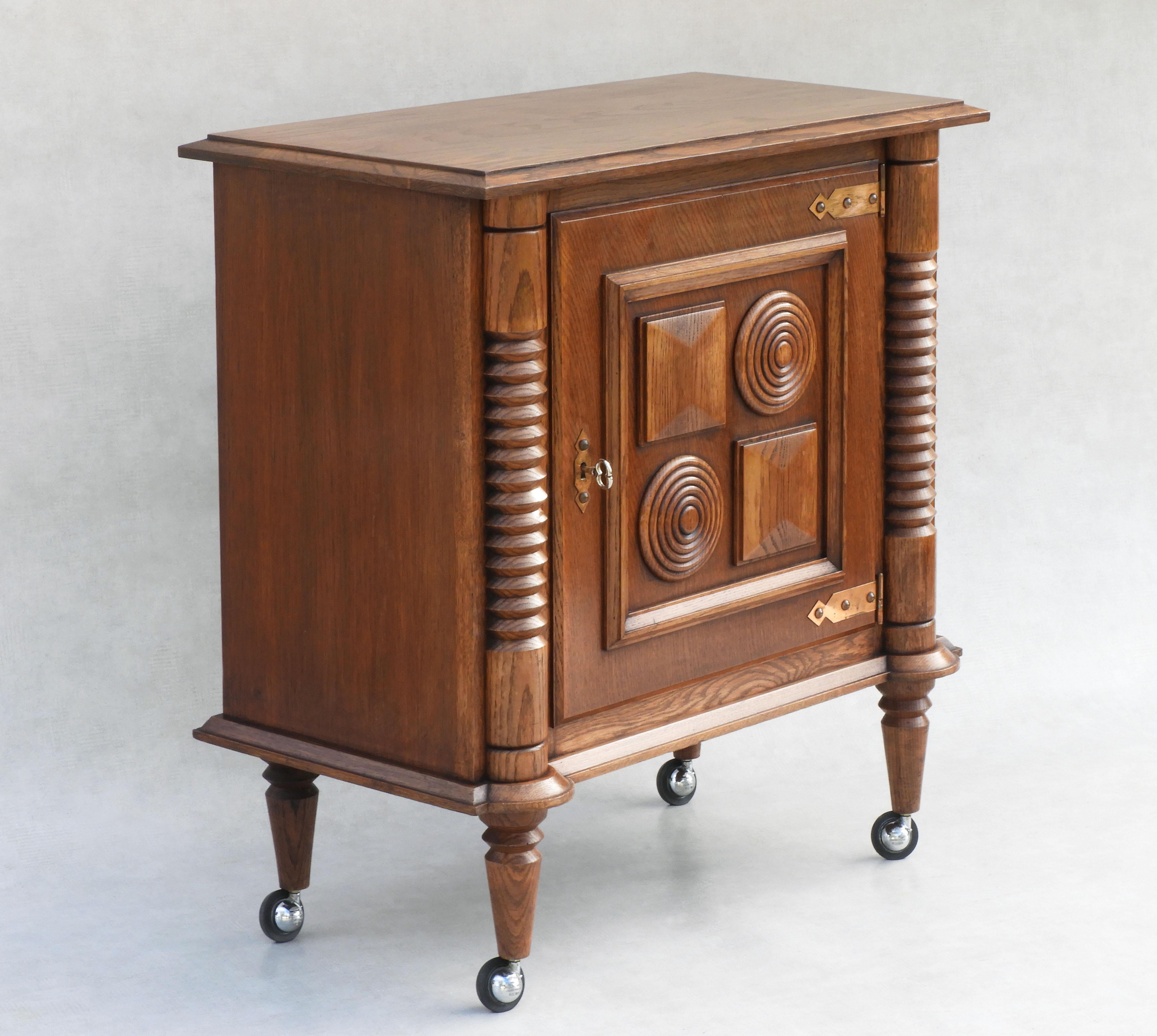 Carved Charles Dudouyt Modernist Rolling Bar Cabinet C1950s France For Sale
