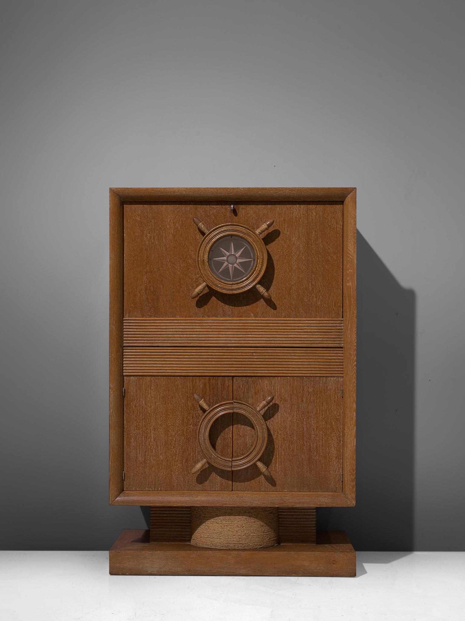French Charles Dudouyt Nautical Bar Cabinet in Oak, 1940s