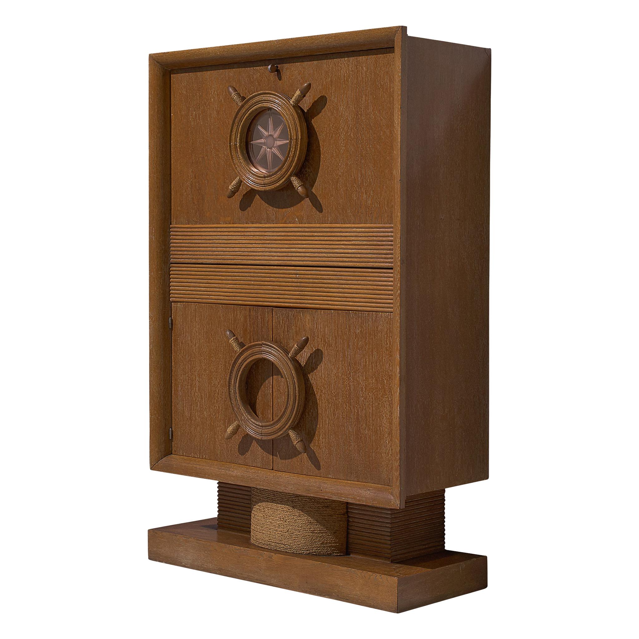 Charles Dudouyt Nautical Bar Cabinet in Oak, 1940s