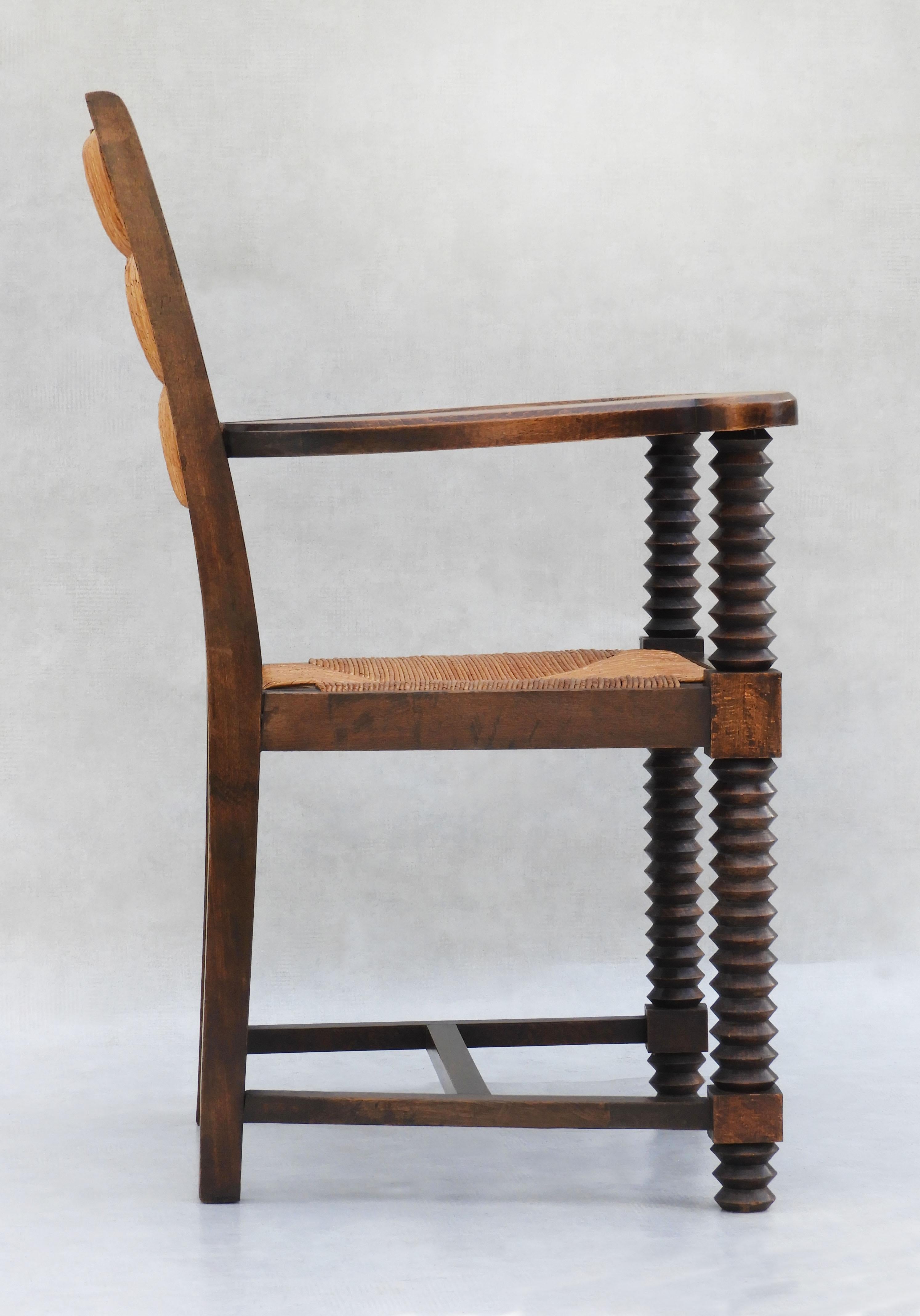 Turned Charles Dudouyt Oak and Rush Armchair C1940s