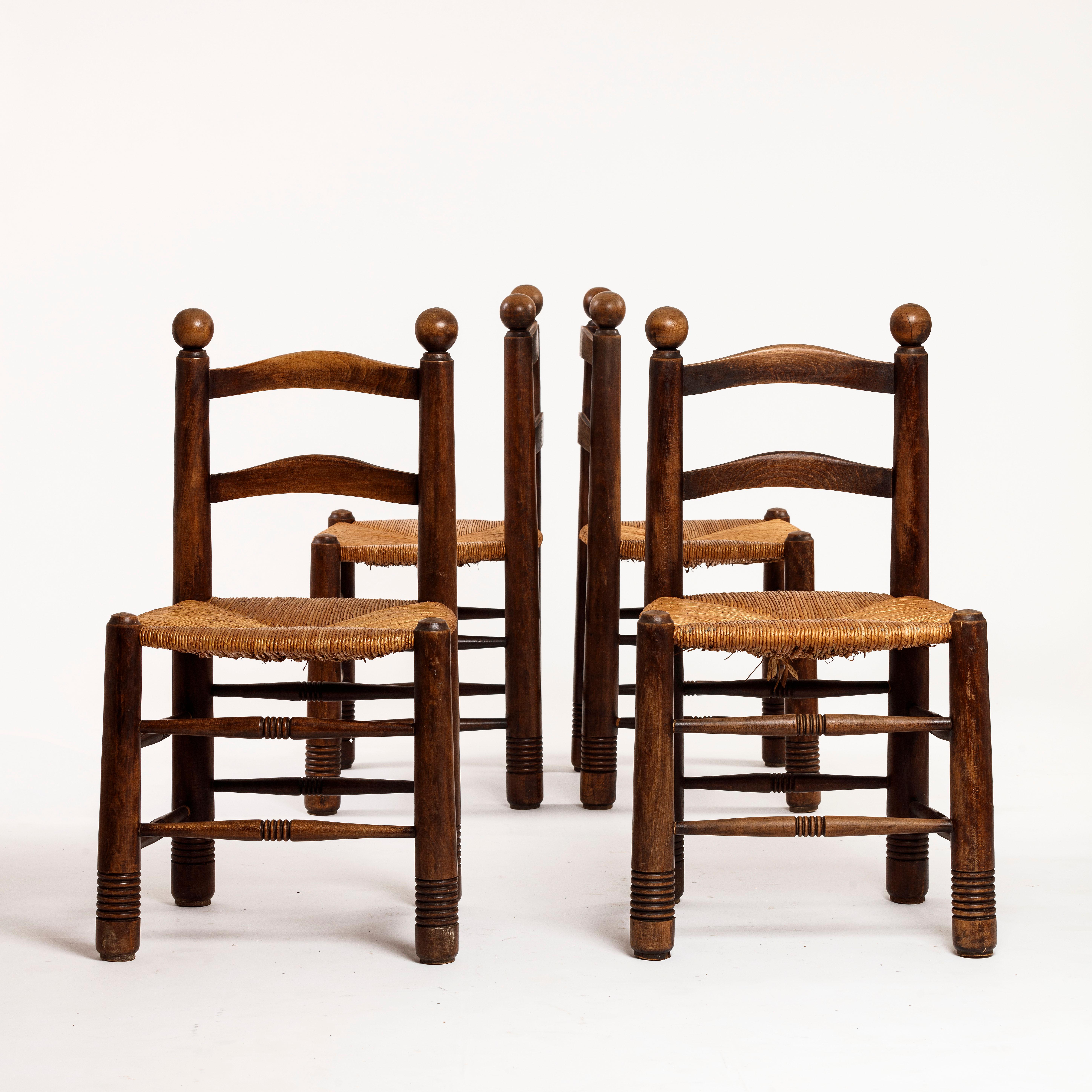 Charles Dudouyt Oak and Straw chairs  For Sale 4