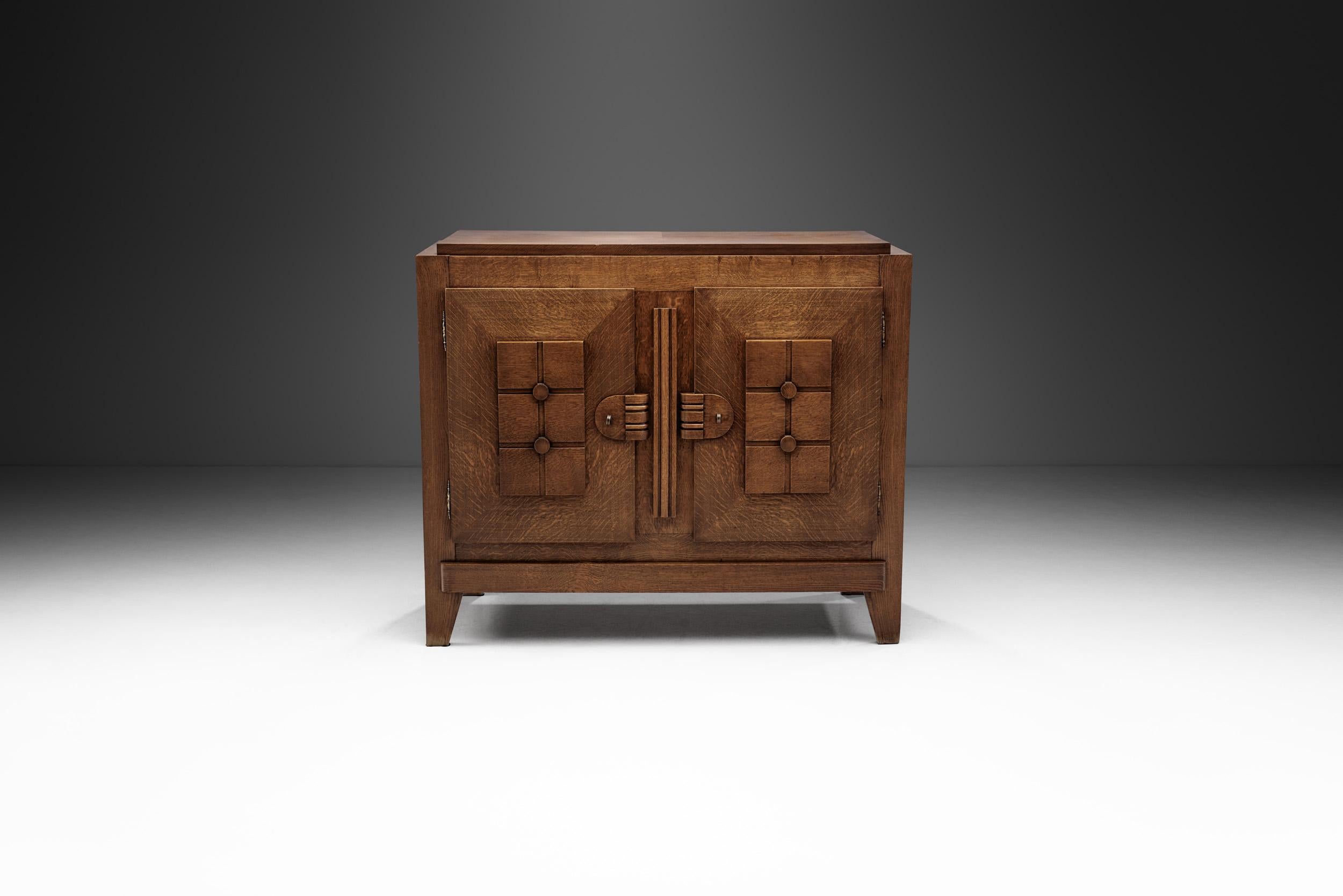 French Charles Dudouyt Oak Carved Sideboard with Brass Keys, France, 1940s