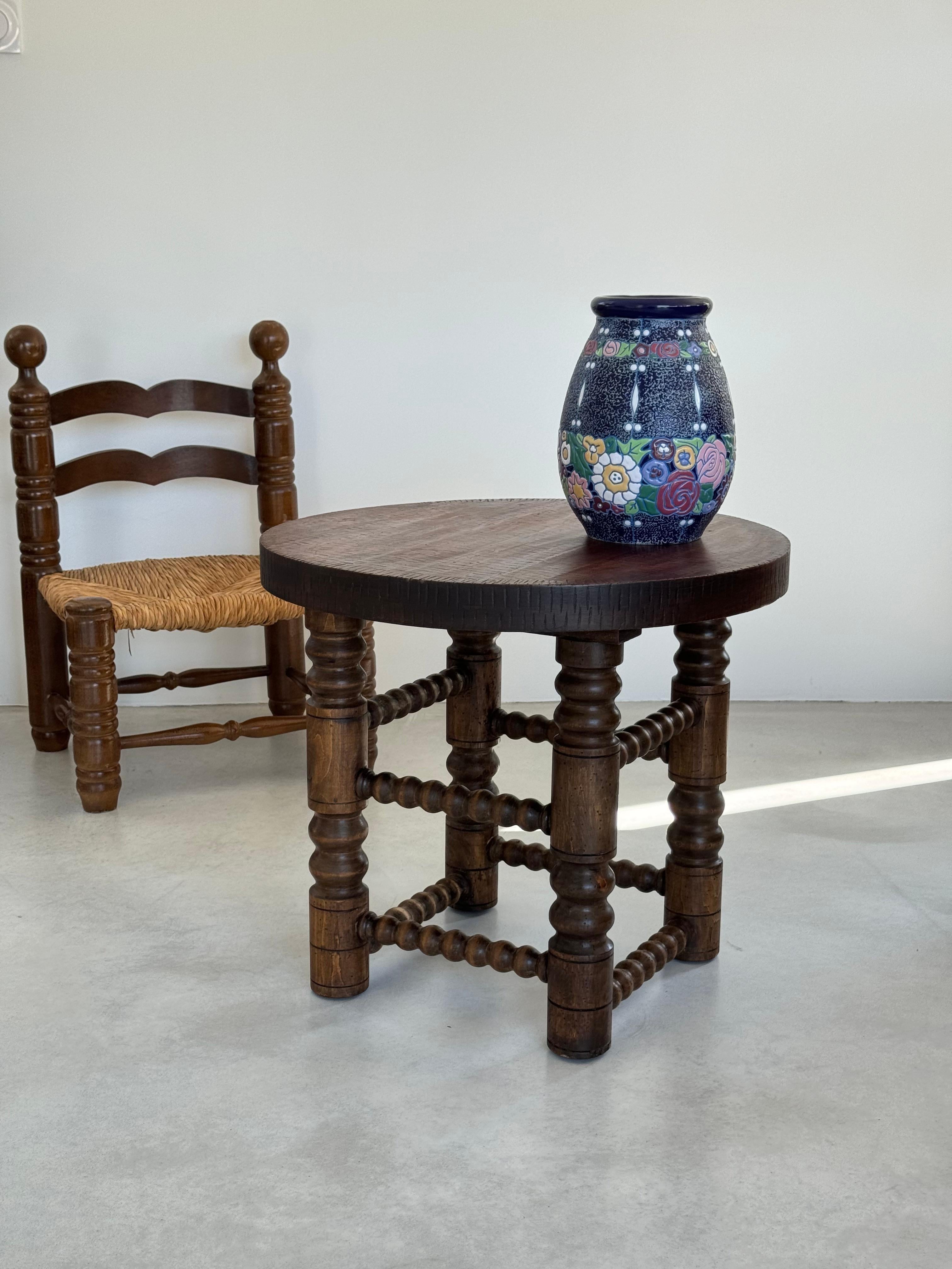 Charles Dudouyt, Oak end table, French rustic chic design, circa 1940s For Sale 7