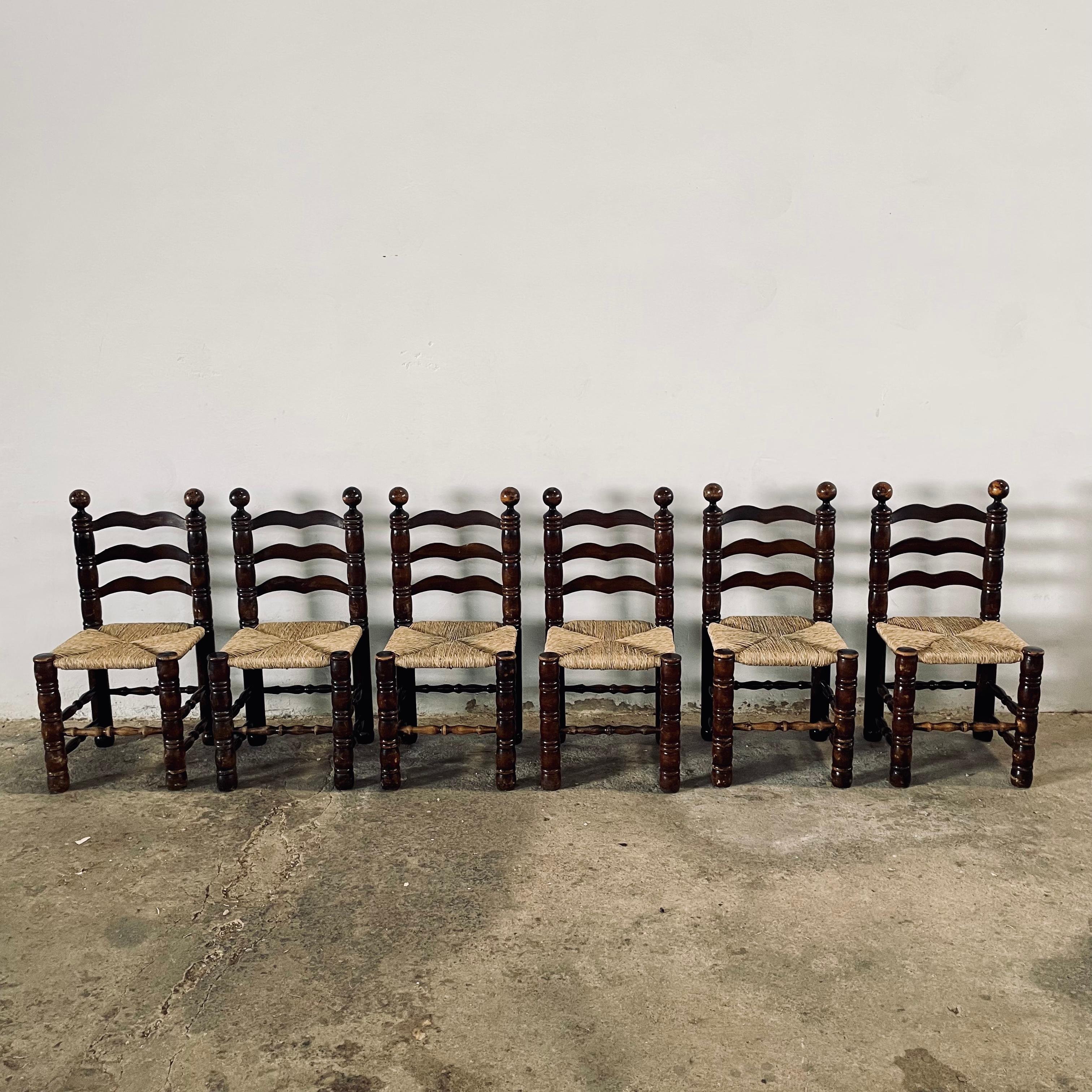 French Charles Dudouyt Oak Franes & Rush Seats Ladder-Back Chairs, France 1940s For Sale