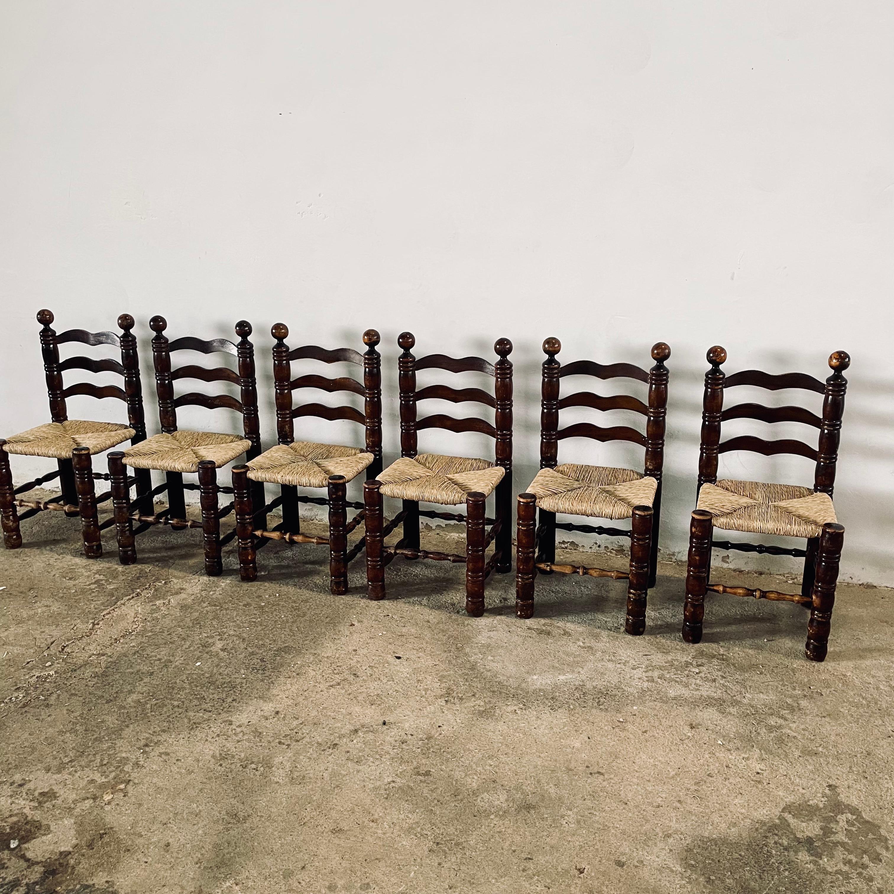 Charles Dudouyt Oak Franes & Rush Seats Ladder-Back Chairs, France 1940s In Good Condition For Sale In PEGO, ES