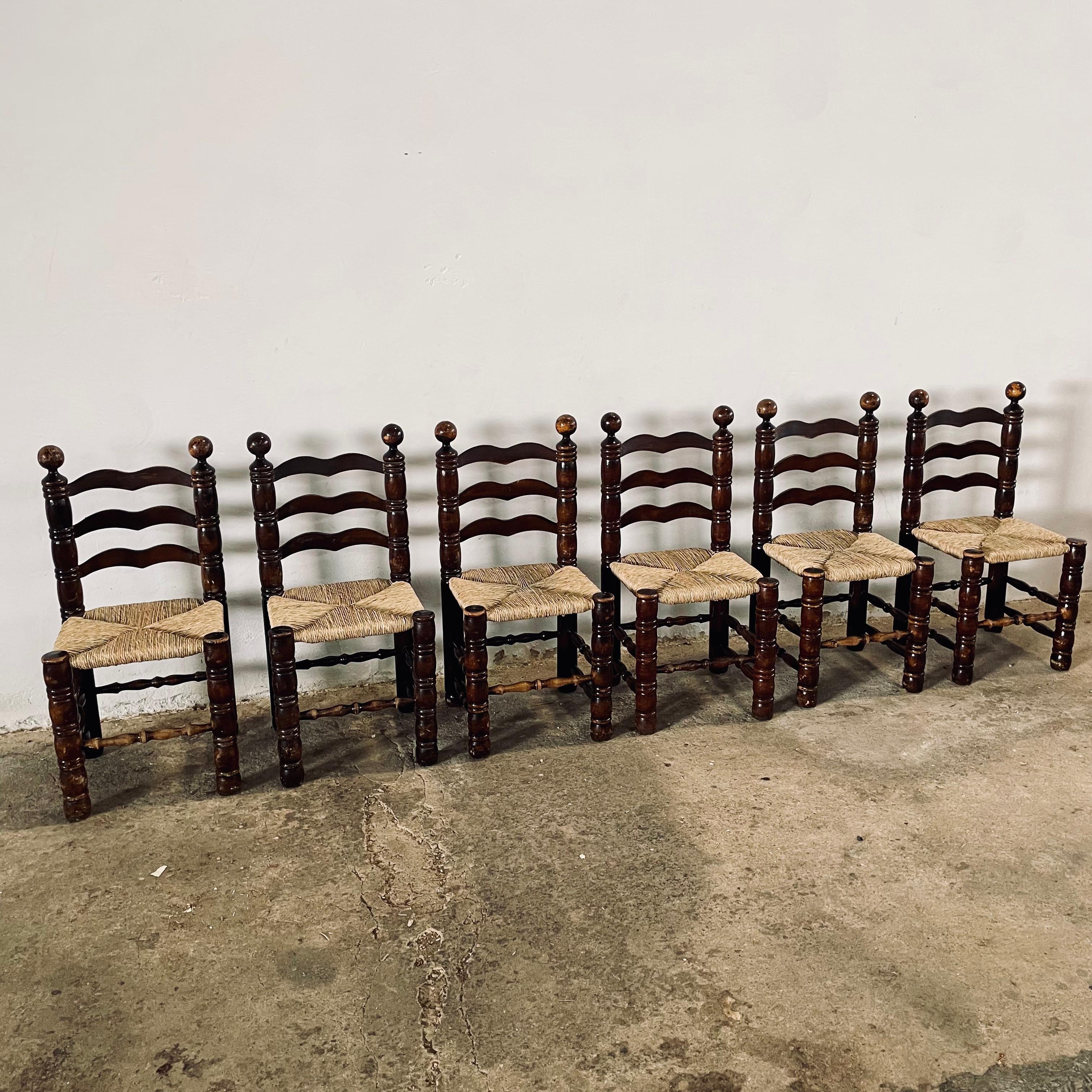 20th Century Charles Dudouyt Oak Franes & Rush Seats Ladder-Back Chairs, France 1940s For Sale