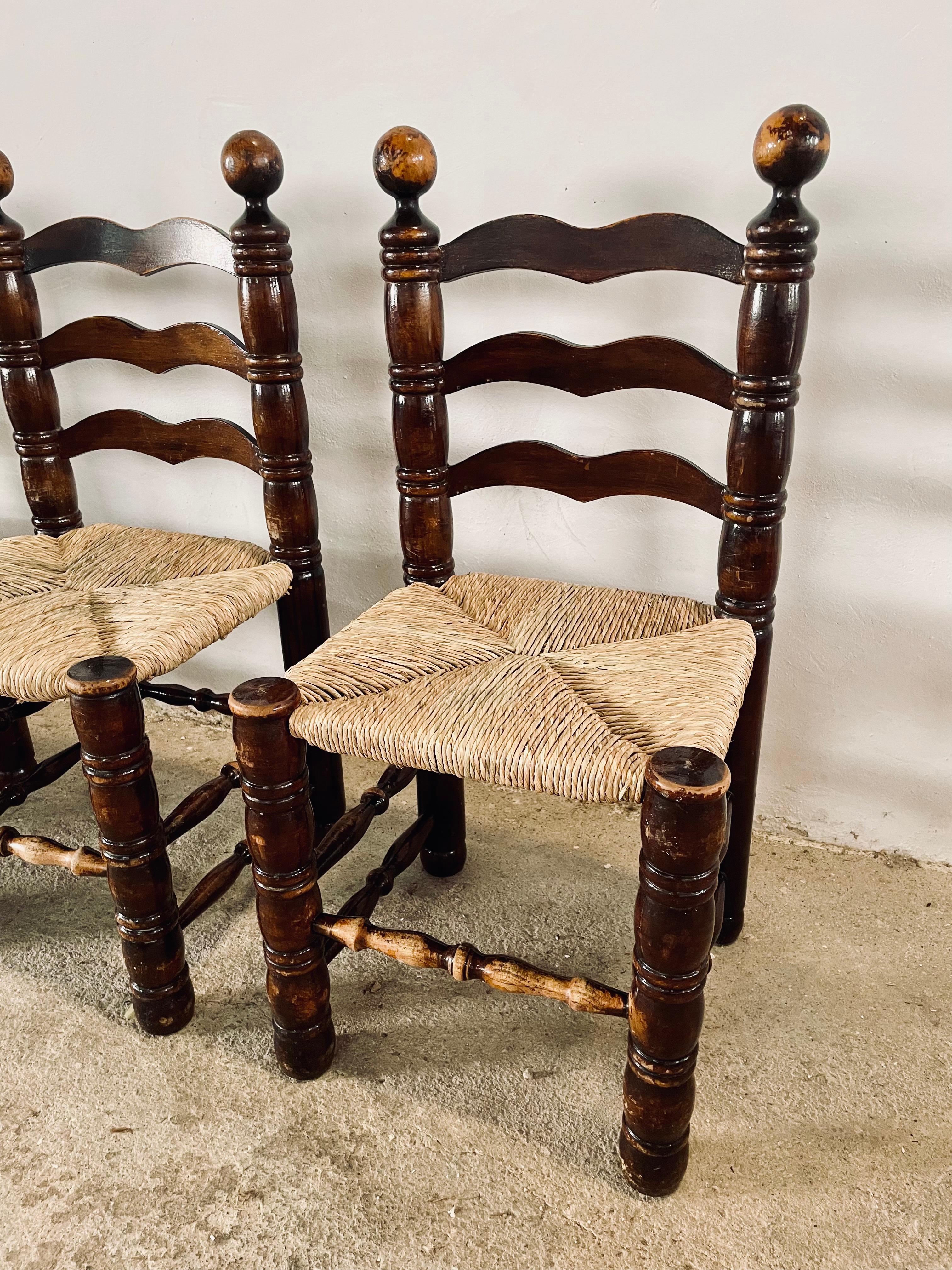 Charles Dudouyt Oak Franes & Rush Seats Ladder-Back Chairs, France 1940s For Sale 1