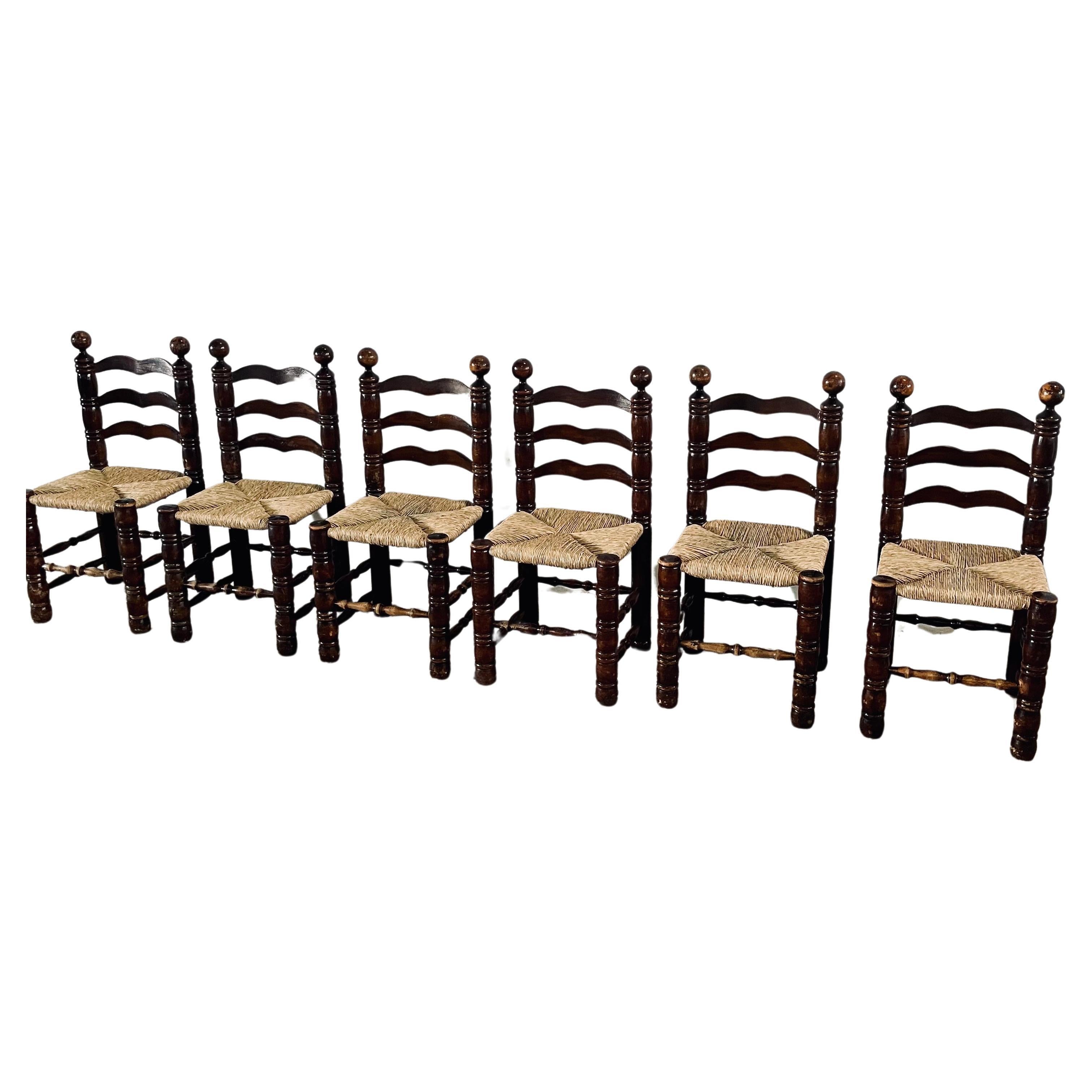 Charles Dudouyt Oak Franes & Rush Seats Ladder-Back Chairs, France 1940s