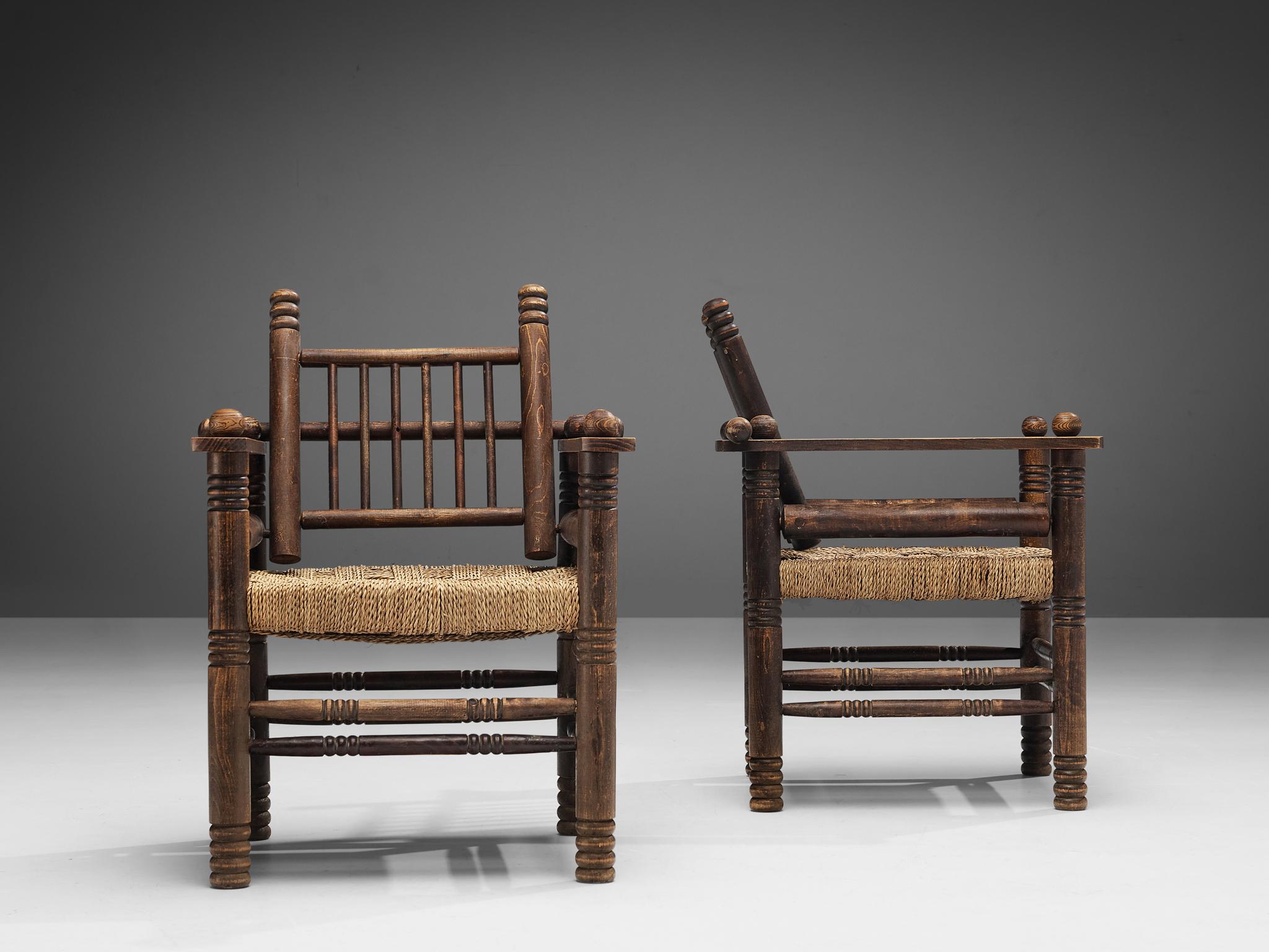 Paire de chaises longues Art Déco Charles Dudouyt avec assise en jonc Bon état - En vente à Waalwijk, NL