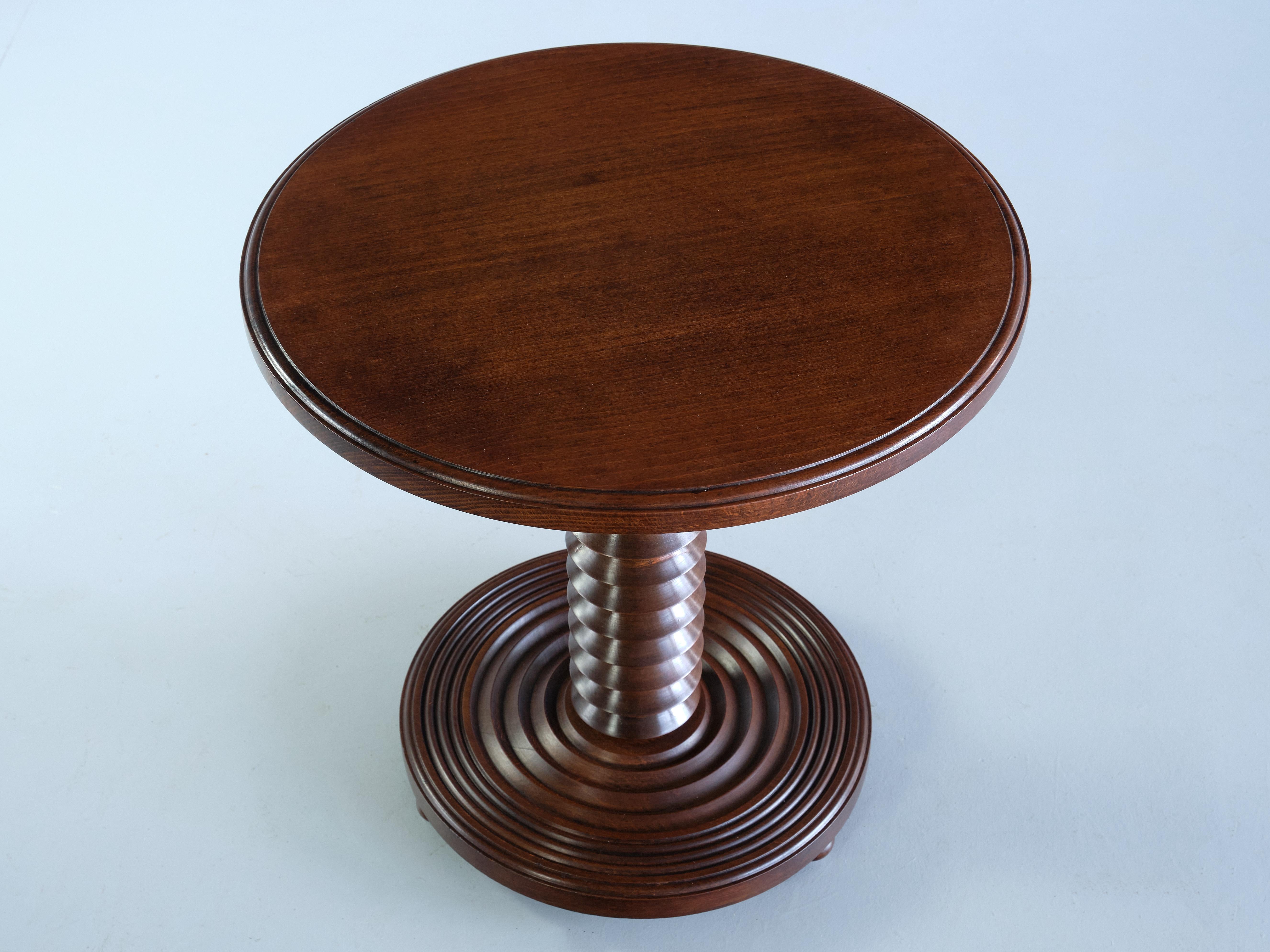 French Charles Dudouyt Round Side Table in Oak Wood, France, Late 1940s