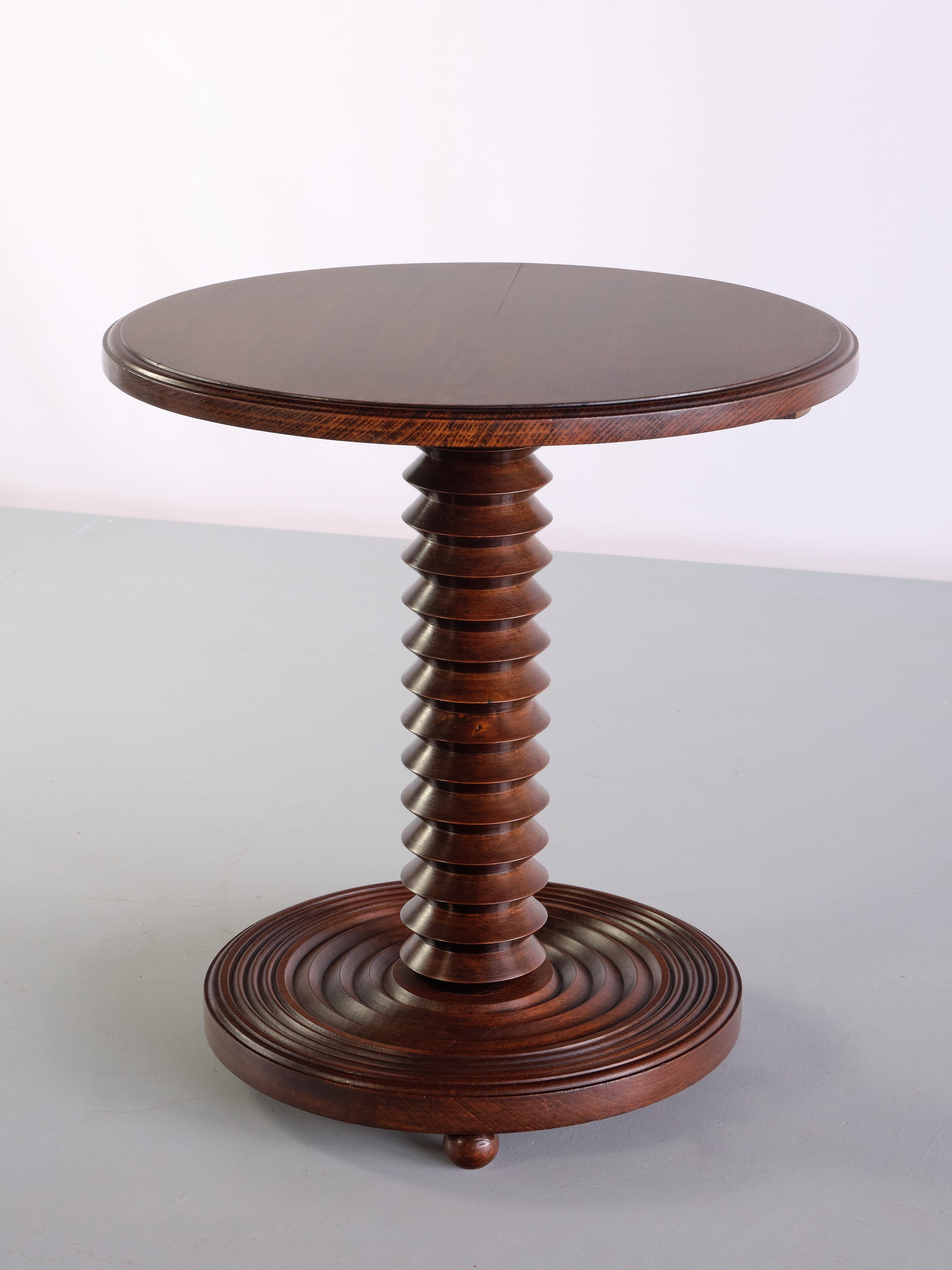 Mid-20th Century Charles Dudouyt Round Side Table in Oak Wood, France, Late 1940s